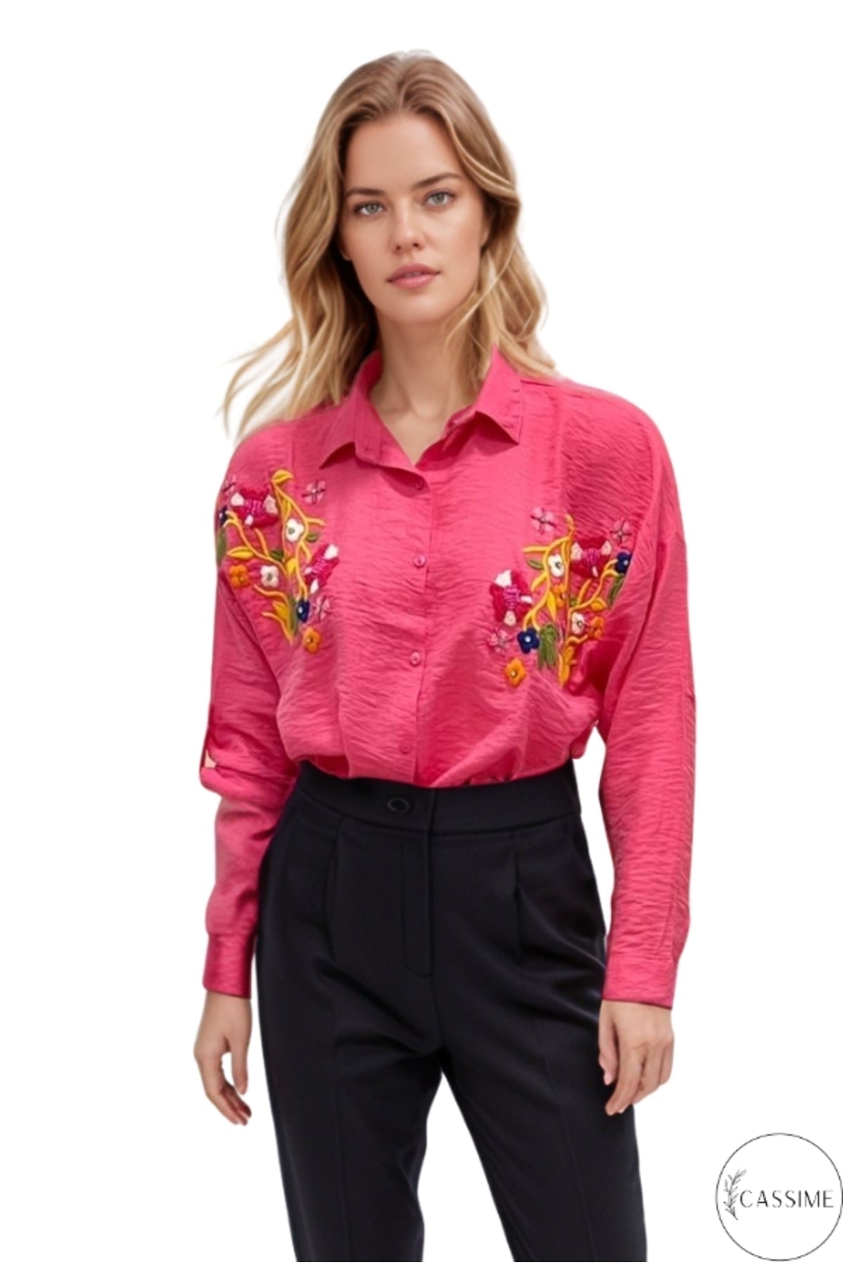 Claire Women's Floral Embellished Button-Up Shirt - Fuchsia Floral Embroidery
