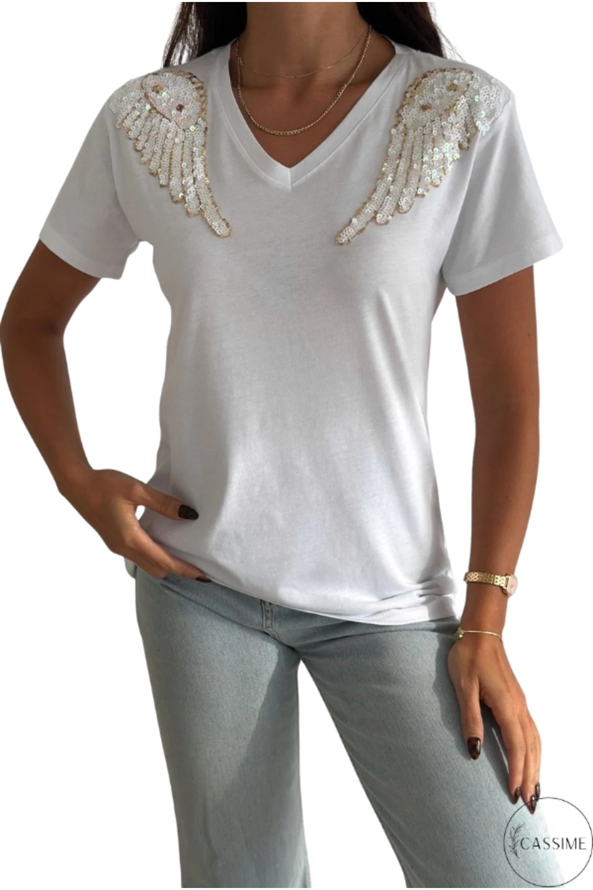 Sophie Women's Cotton Embellished V-Neck T-Shirt - White Angel Wing Design