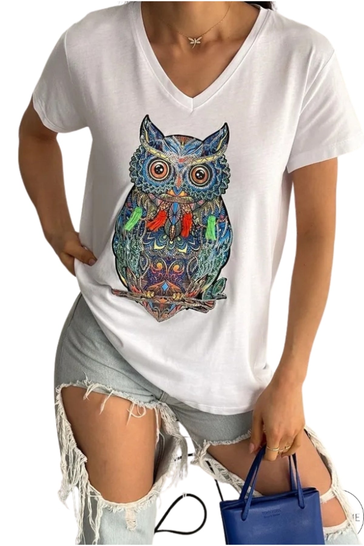 Olivia Women's Cotton Plus Size Embellished V-Neck T-Shirt - White Owl Print