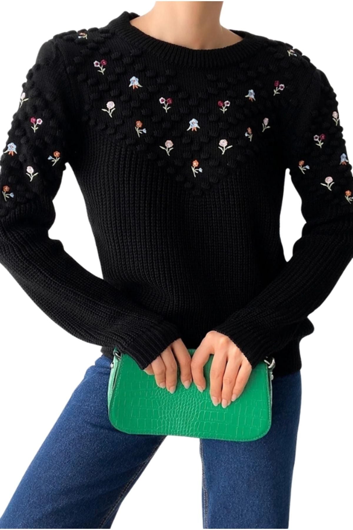 Allison Women's Floral Embroidered Knit Sweater - Black