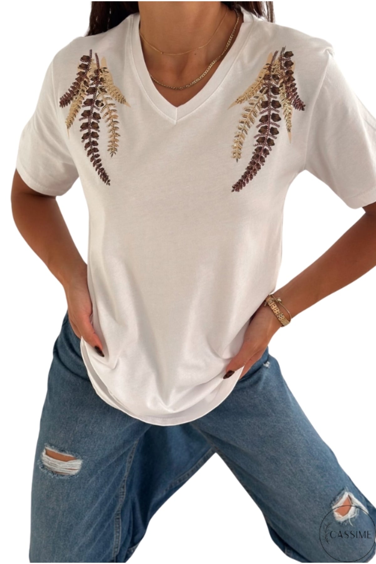 Olivia Women's Cotton Plus Size Embellished V-Neck T-Shirt - Copper Flower Sequin Embellishment