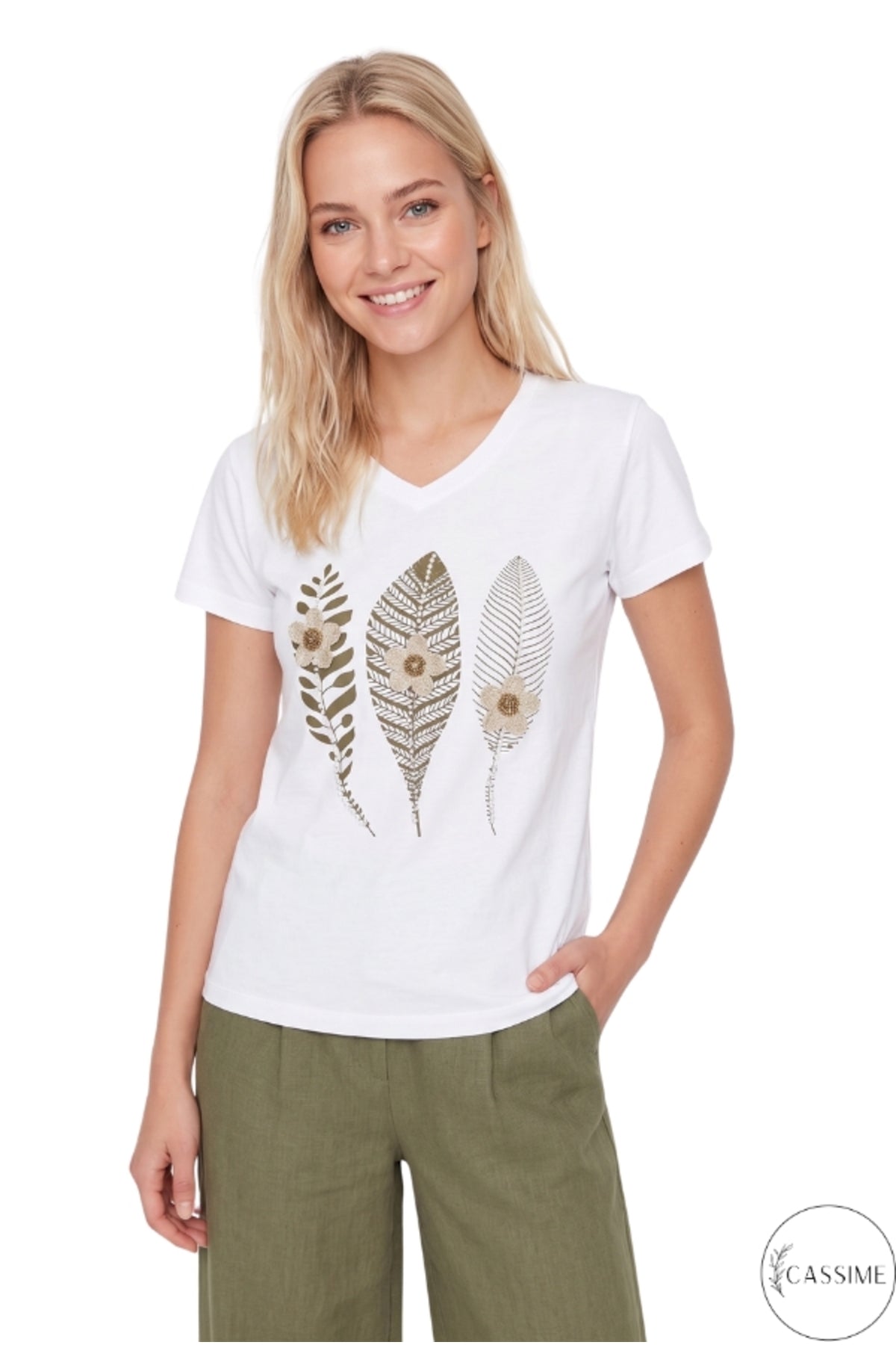 Emma Women's Cotton Embellished T-Shirt - White Feather and Floral Print
