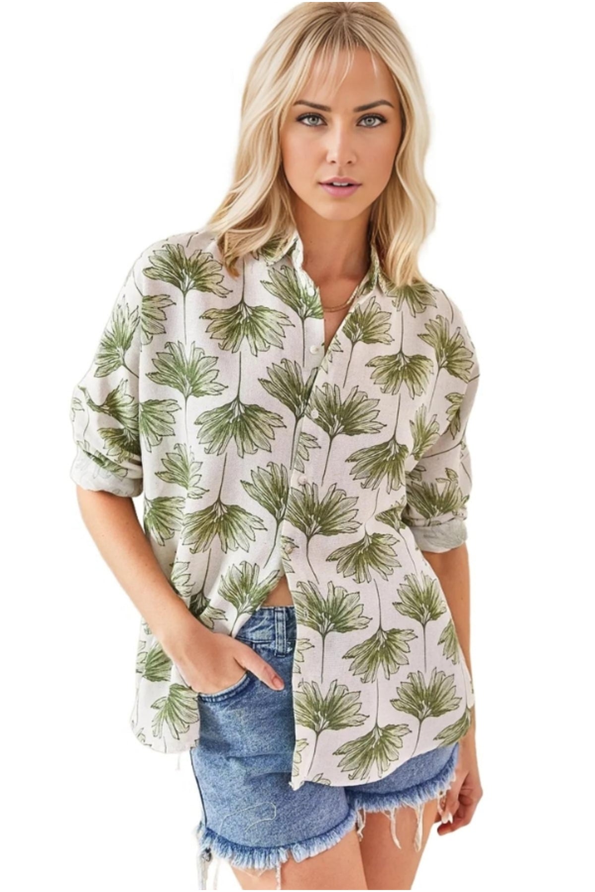 Emilia Women's Linen-Viscose Blend Oversized Printed Shirt - Green Ginkgo