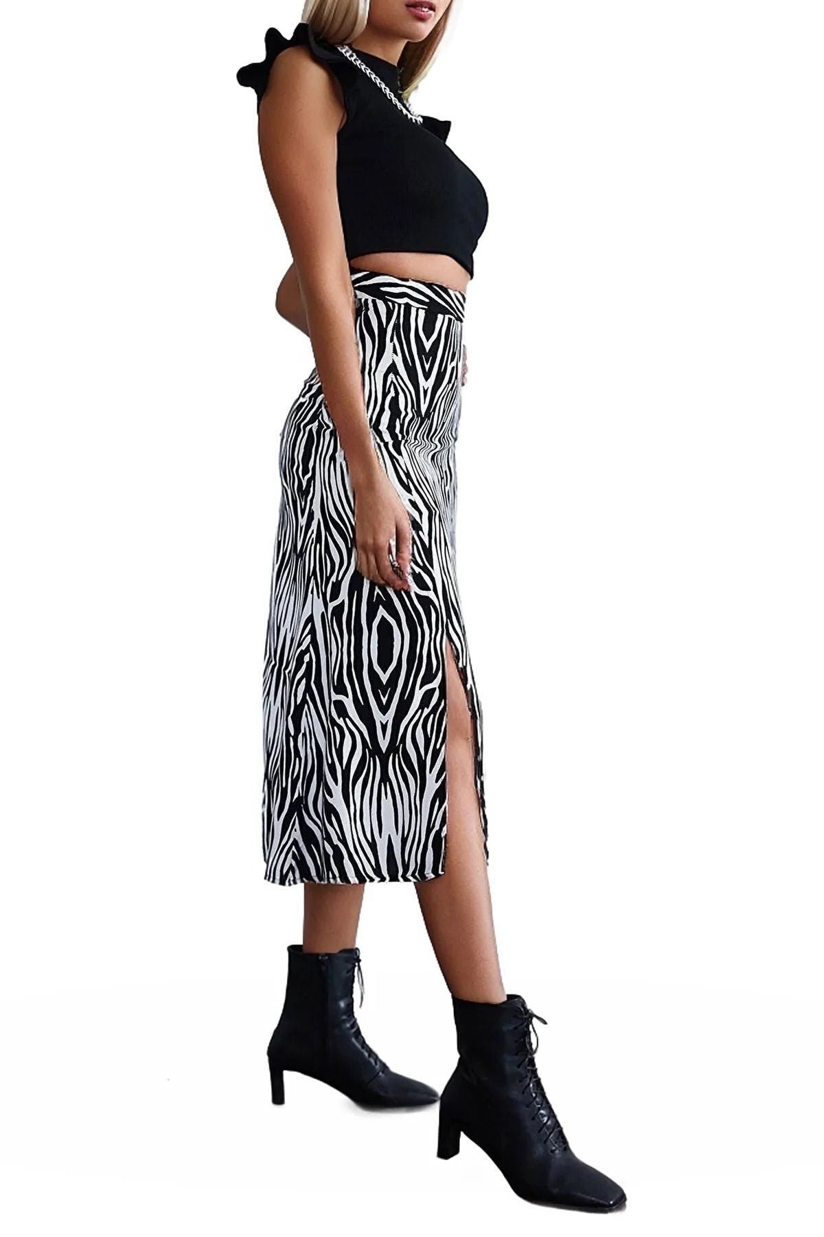 Genevieve Women's Viscose Midi Skirt with Side Slit - Black and White Zebra Print