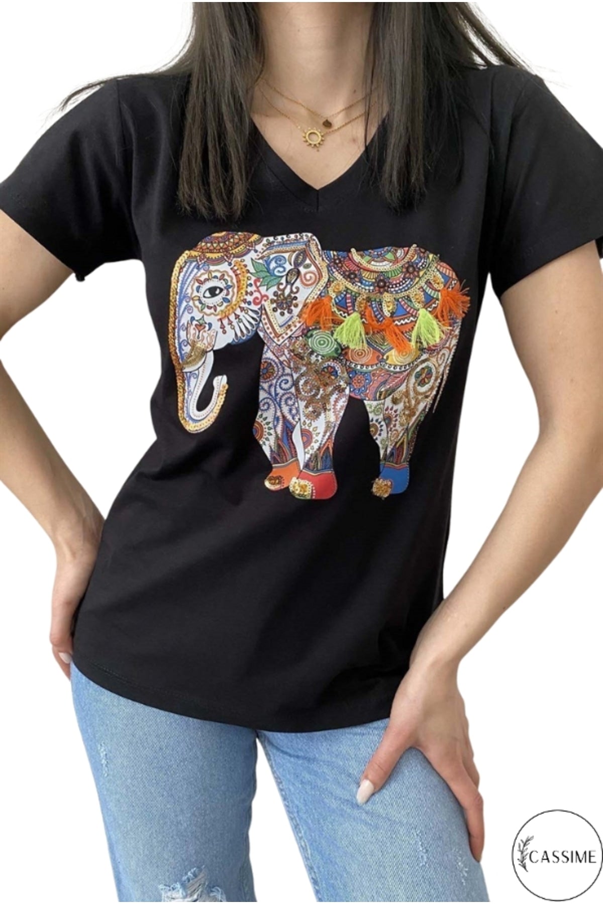 Sophie Women's Cotton Embellished V-Neck T-Shirt - Black with Multicolor Tassel Elephant