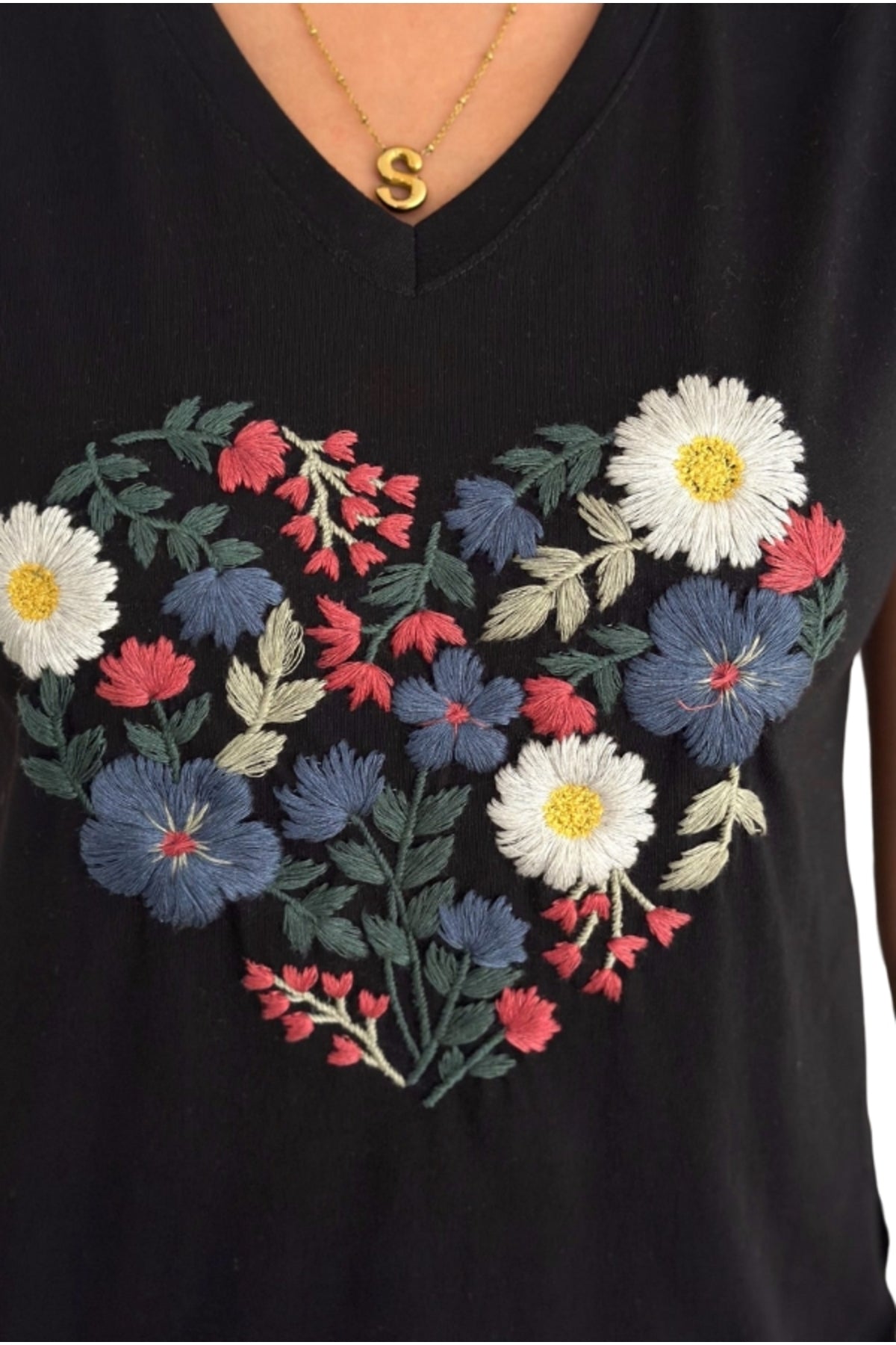 Olivia Women's Cotton Plus Size Embellished V-Neck T-Shirt - Multicolor with Black Embroidery