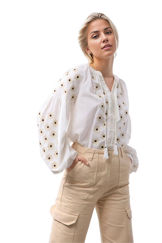 Penelope Women's Cotton Vintage Inspired Embroidered Blouse - White Star