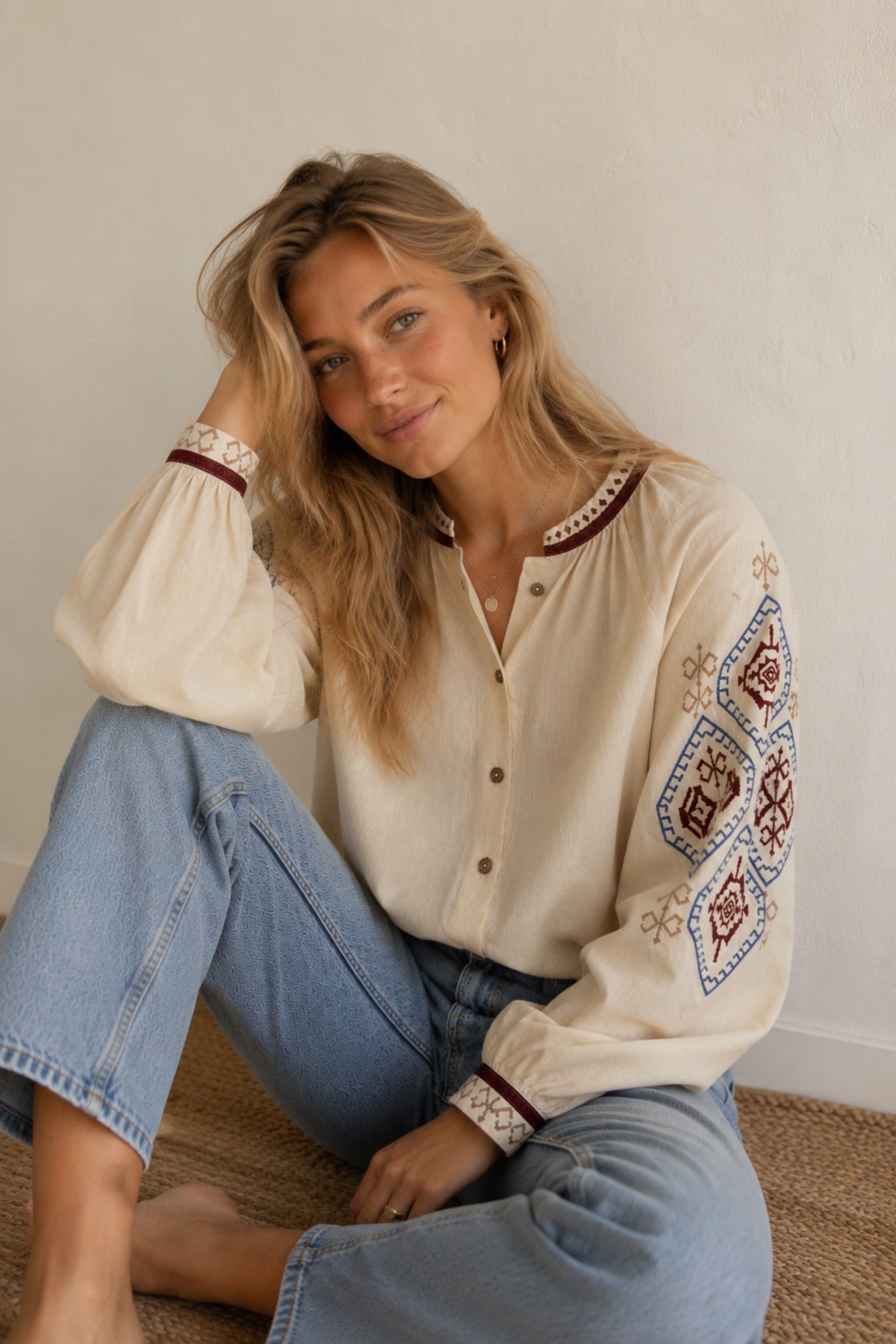 Judith Women's Cotton Vintage Inspired Embroidered Shirt - Beige