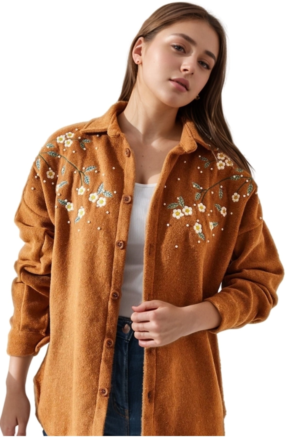 Lydia Women's Cotton Daisy Embroidered Shacket - Tan