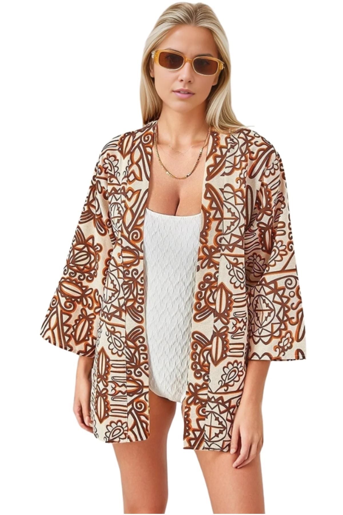 Catherine Women's Linen-Viscose Blend Relaxed Fit Kimono - Brown Boho Print