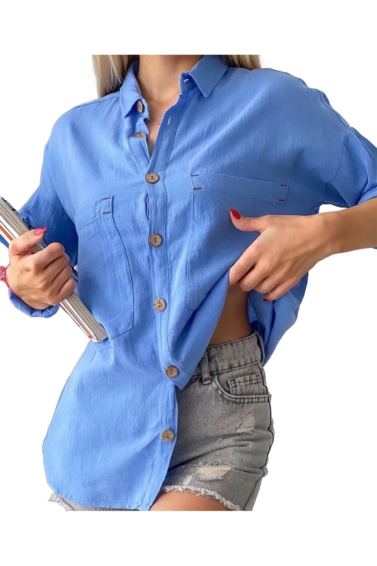 Jasmine Women's Cotton-Linen Blend Oversized Longline Button-Up Shirt - Blue