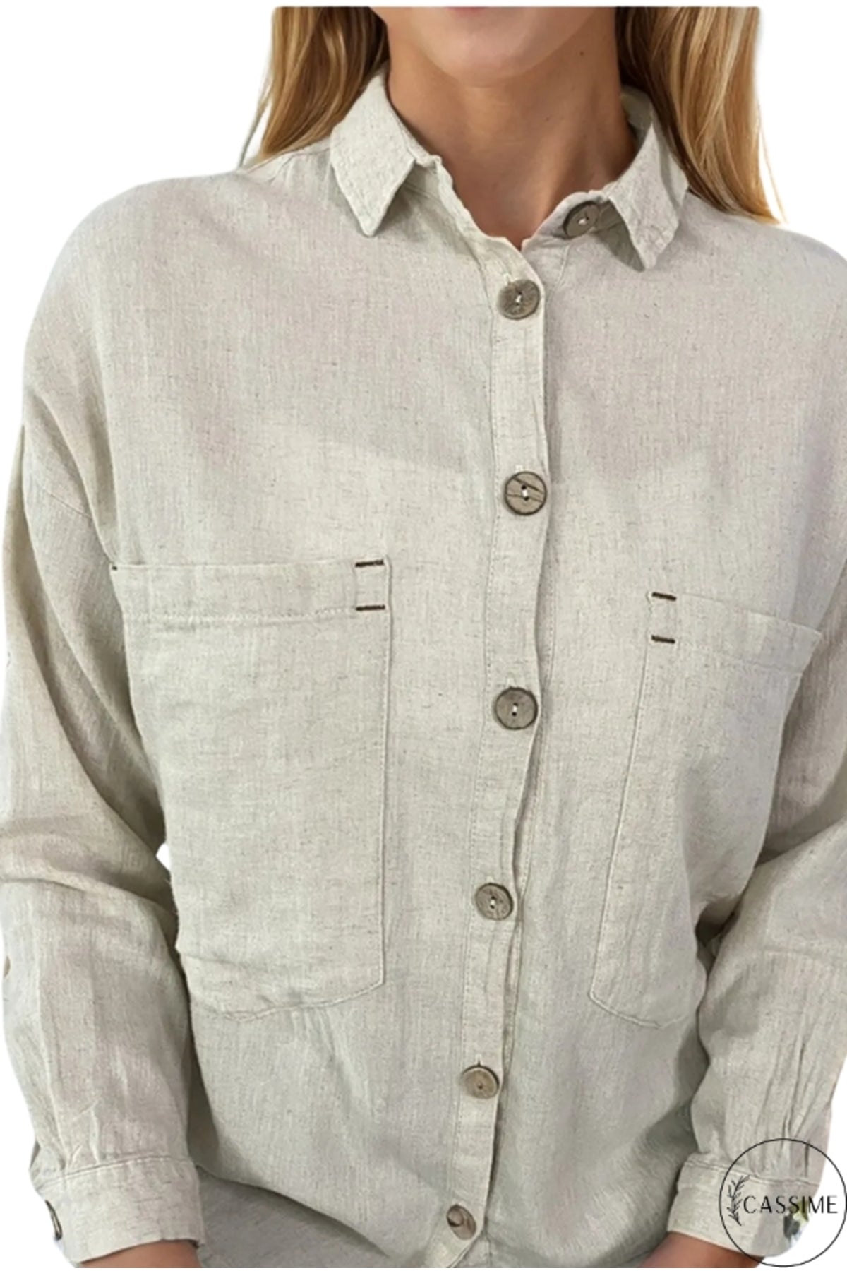 Jasmine Women's Cotton-Linen Blend Oversized Longline Button-Up Shirt - Beige