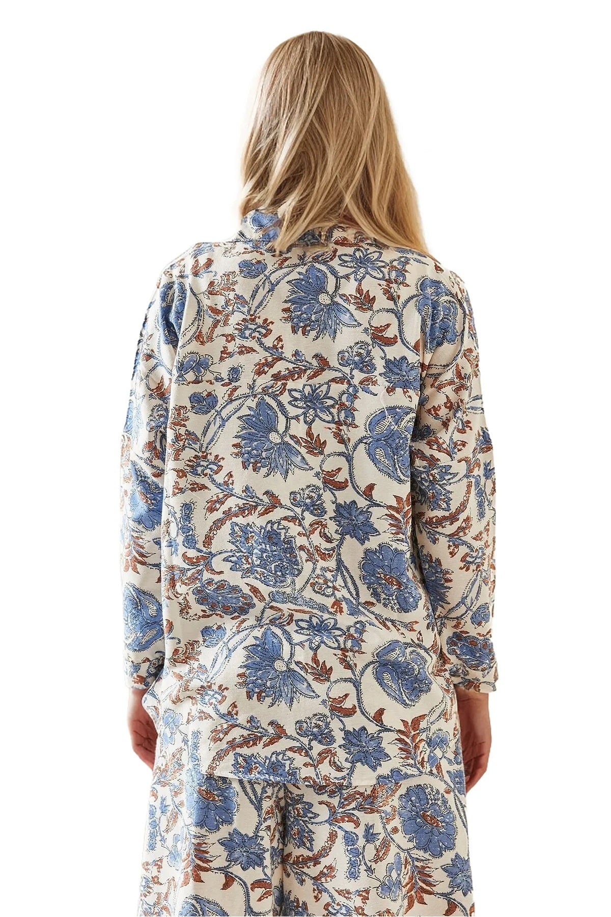 Emilia Women's Linen-Viscose Blend Oversized Printed Shirt - Light Blue Floral