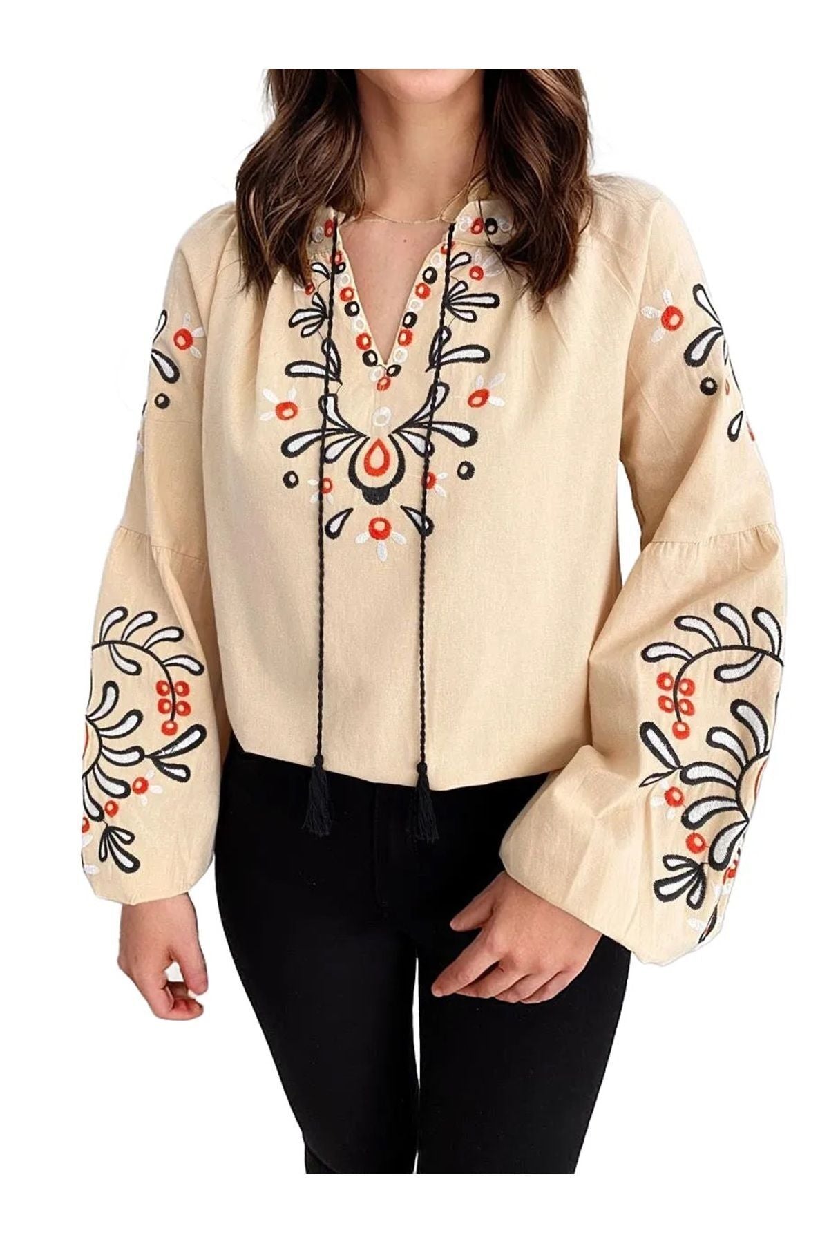 April Women's Embroidered Balloon Sleeve Tassel Blouse - Cream