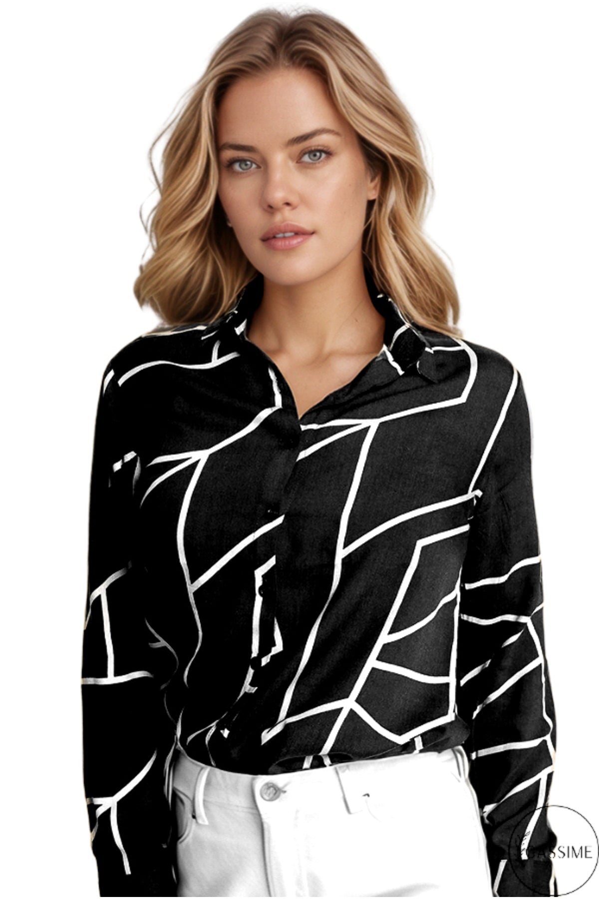 Amelia Women's Viscose Long Sleeve Button-Up Shirt - Black Geometric Striped
