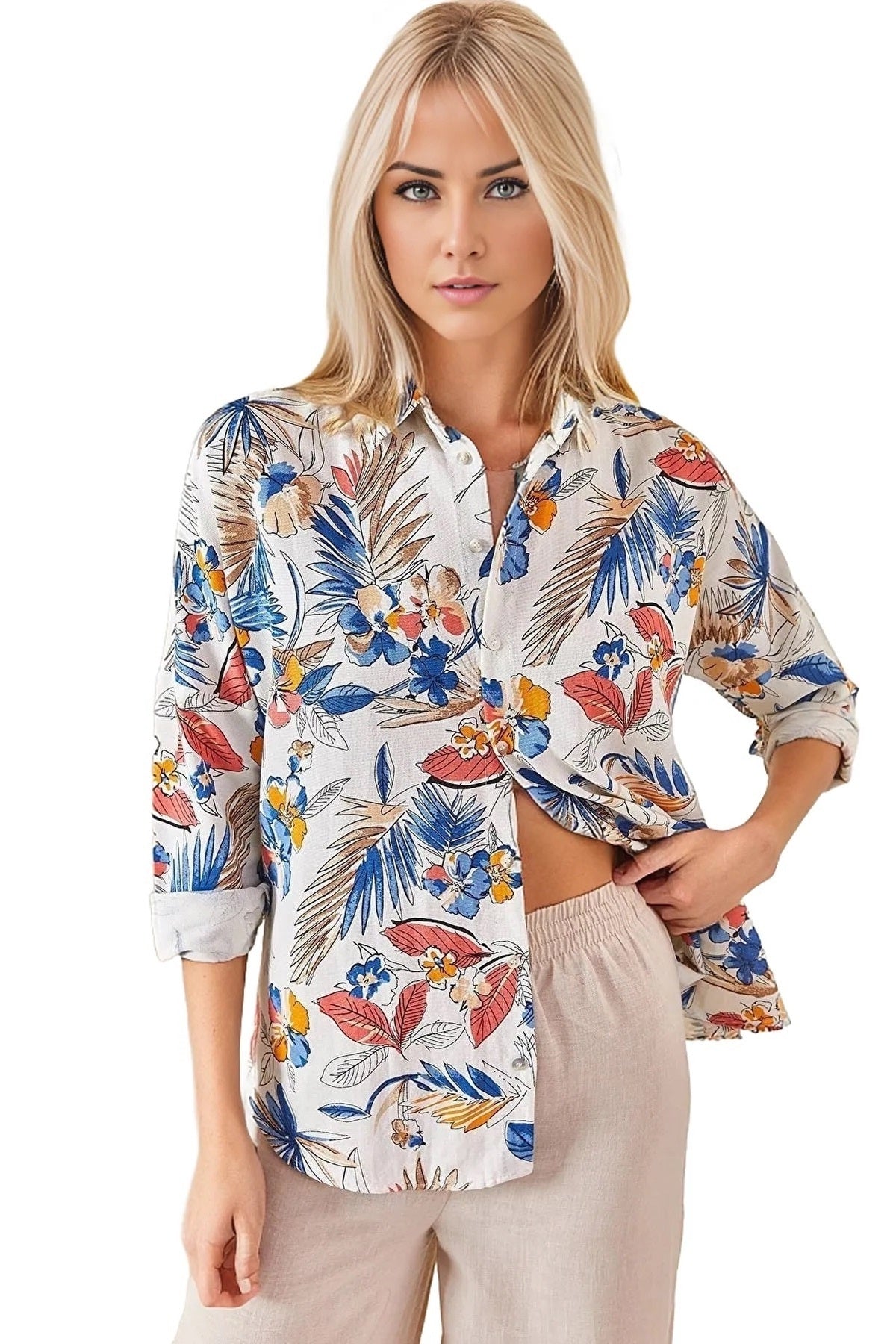 Emilia Women's Linen Blend Oversized Printed Shirt - Light Blue and Orange Print