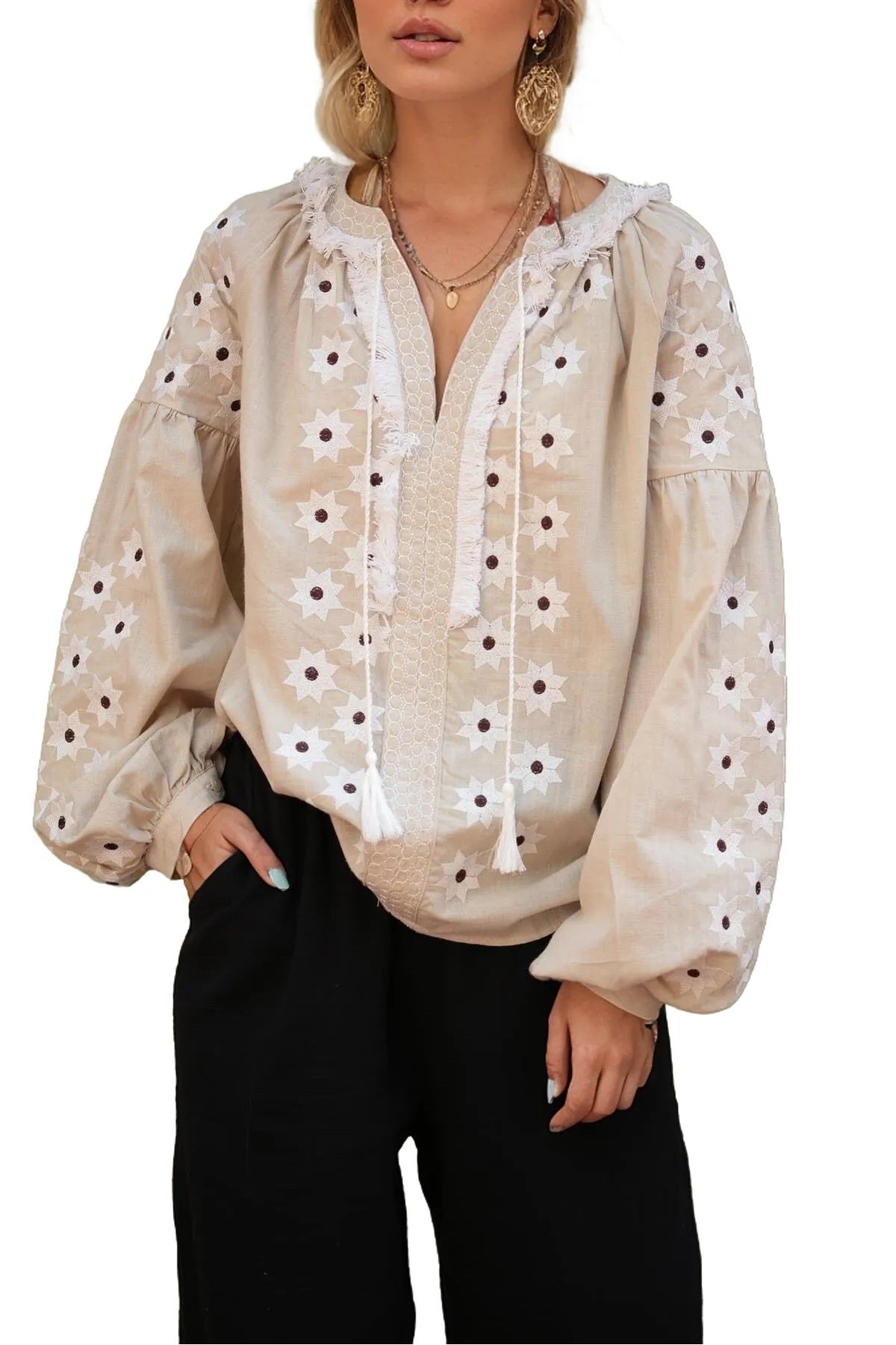 Penelope Women's Cotton Vintage Inspired Embroidered Blouse - Beige Star