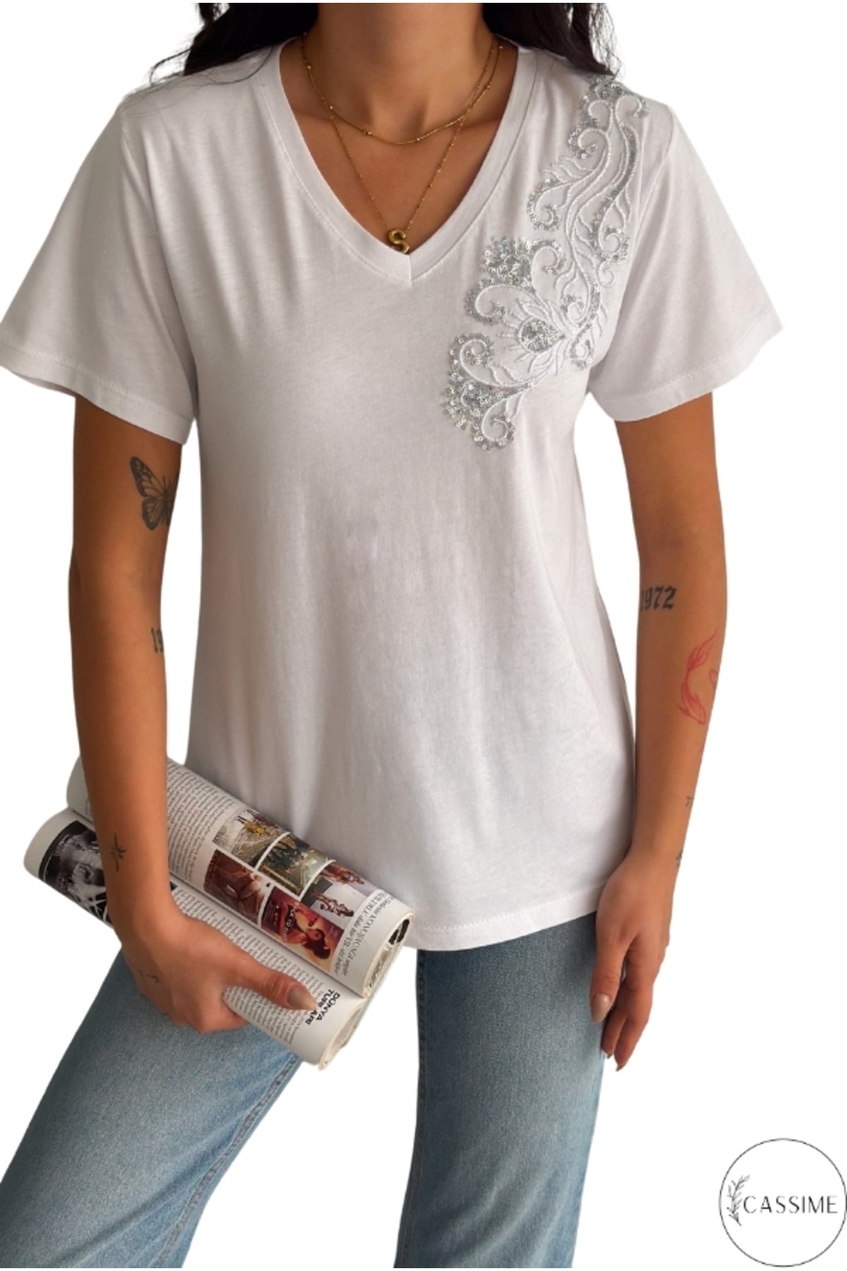 Olivia Women's Cotton Plus Size Embellished V-Neck T-Shirt - White with Shoulder Sequins