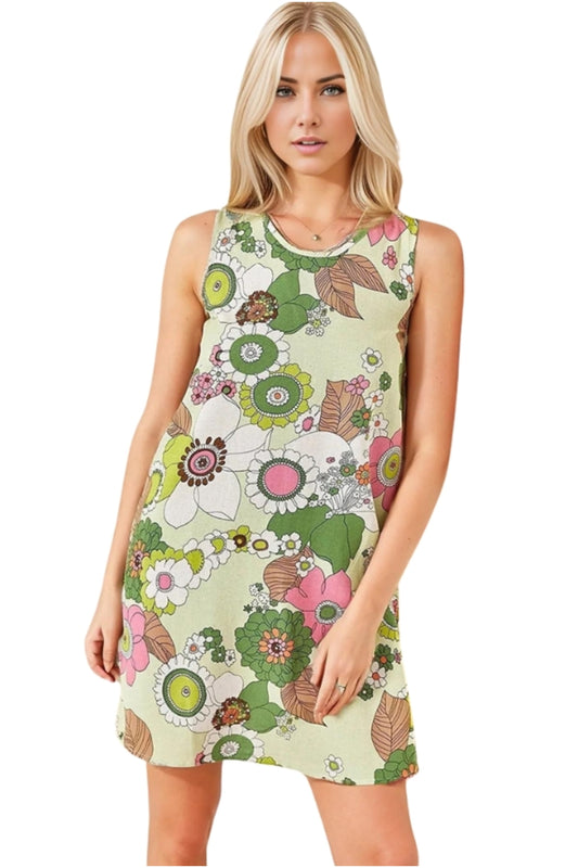 Charlene Women's Linen Blend Floral Sleeveless Summer Dress - Green and Pink Bright