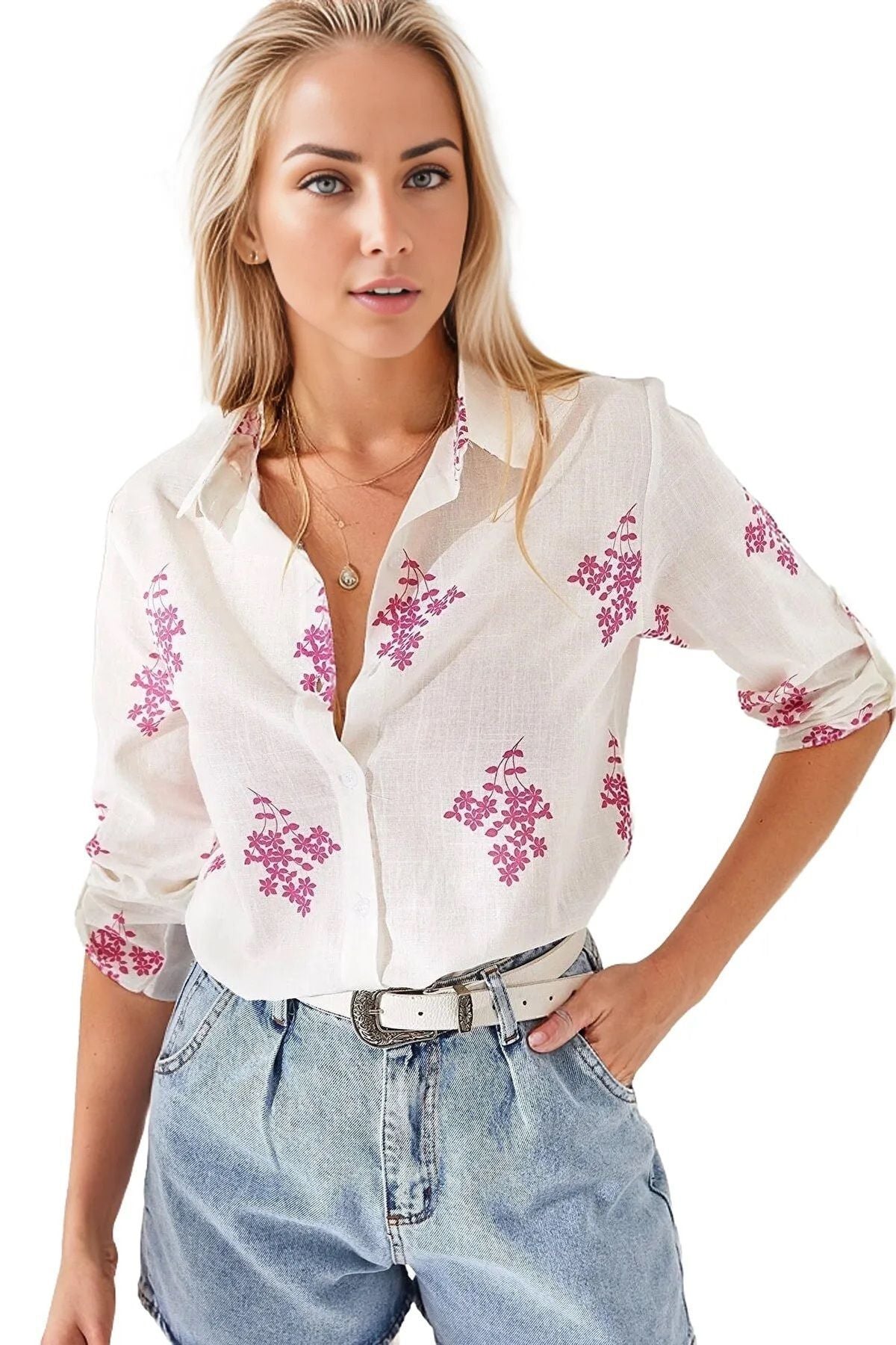 Robyn Women's Cotton Blend Roll-Sleeve Button-Up Shirt - White with Pink Floral Print