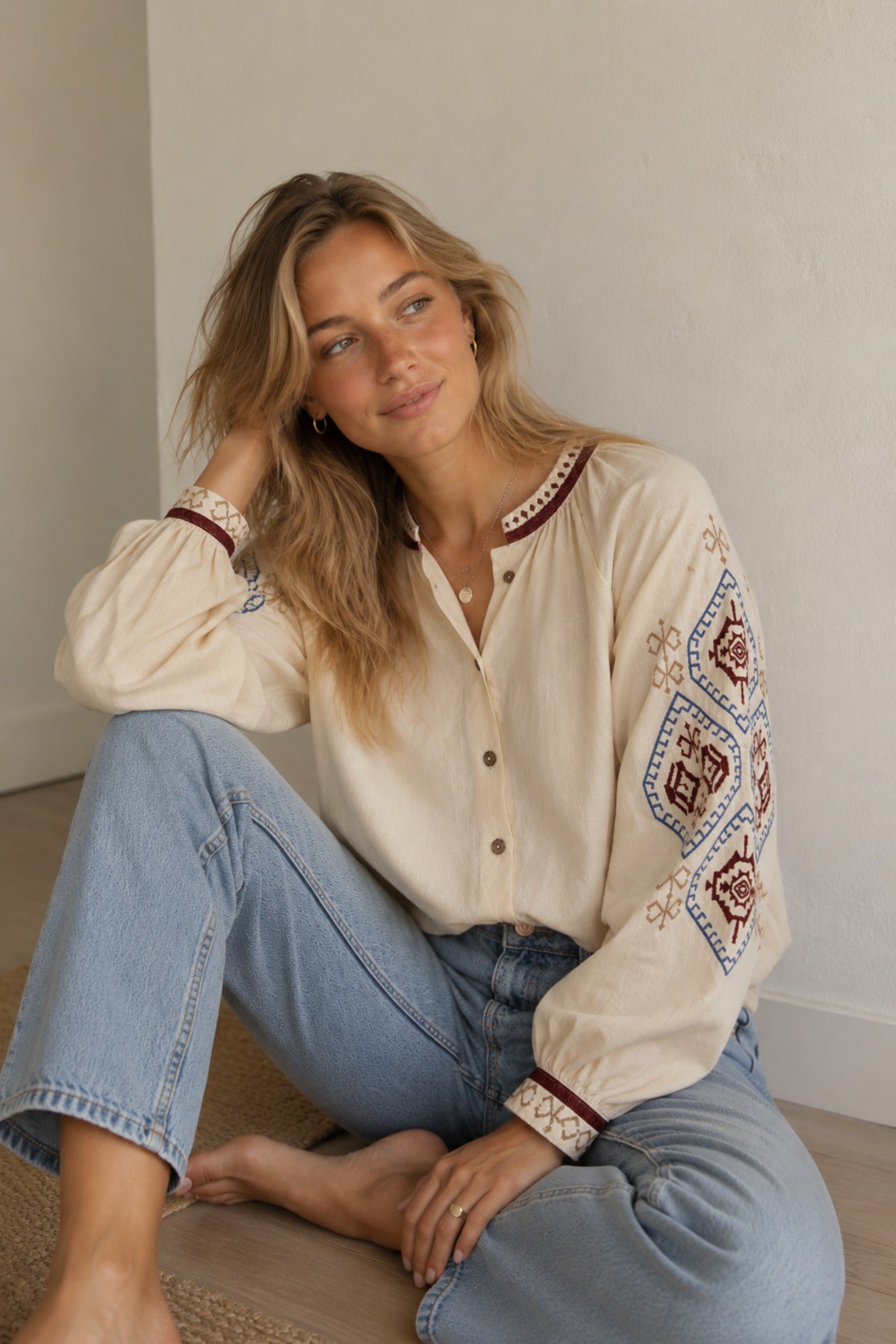 Judith Women's Cotton Vintage Inspired Embroidered Shirt - Beige