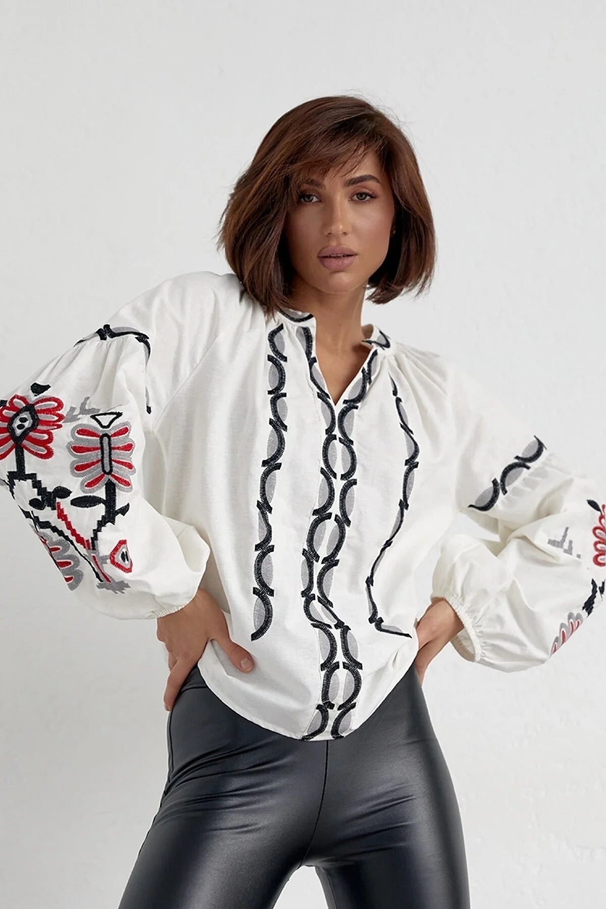 Rosa Women's Cotton Embroidered Long Sleeve Tie Blouse - Ecru