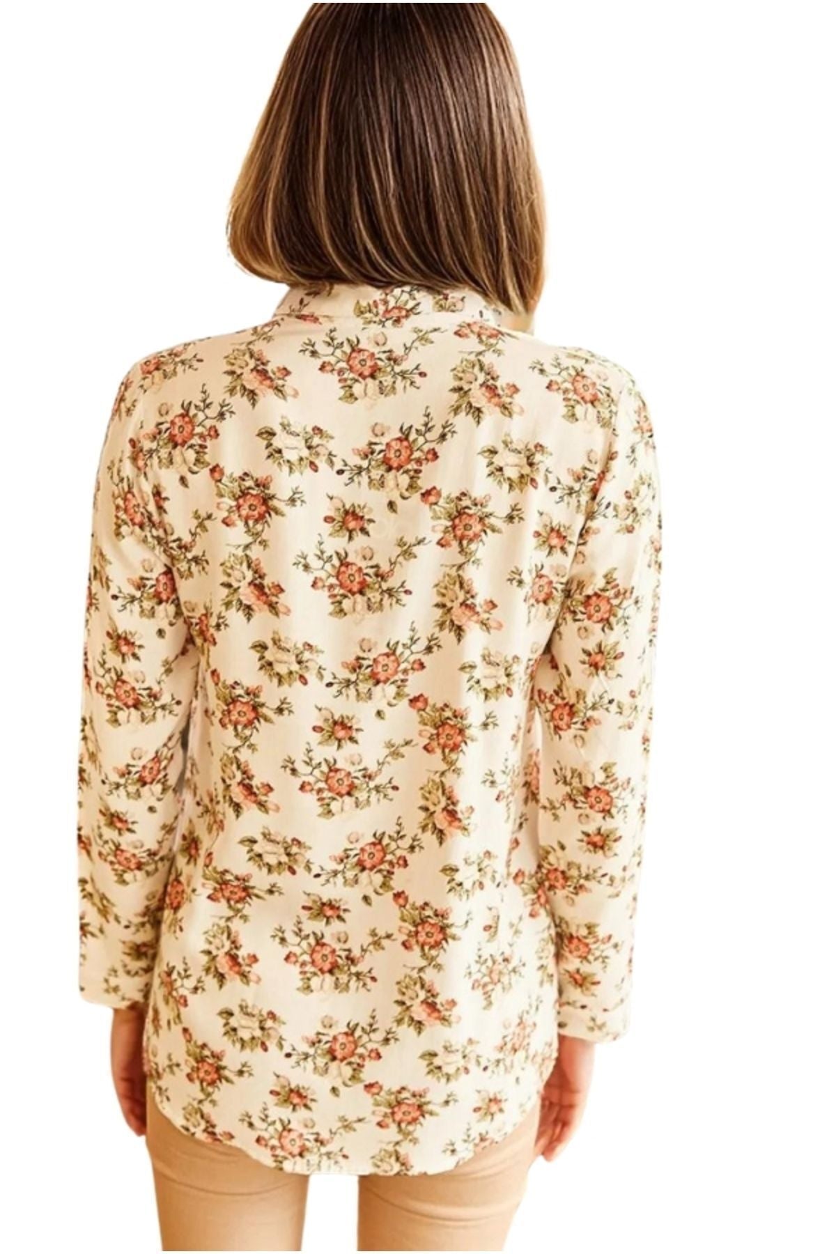 Amelia Women's Viscose Long Sleeve Button-Up Shirt - Light Orange Floral