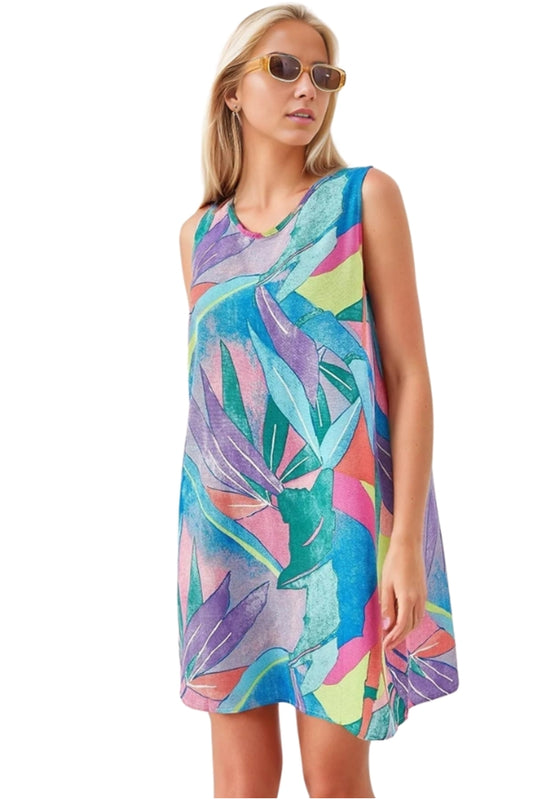 Charlene Women's Linen-Viscose Blend Floral Sleeveless Summer Dress - Blue Multicolor