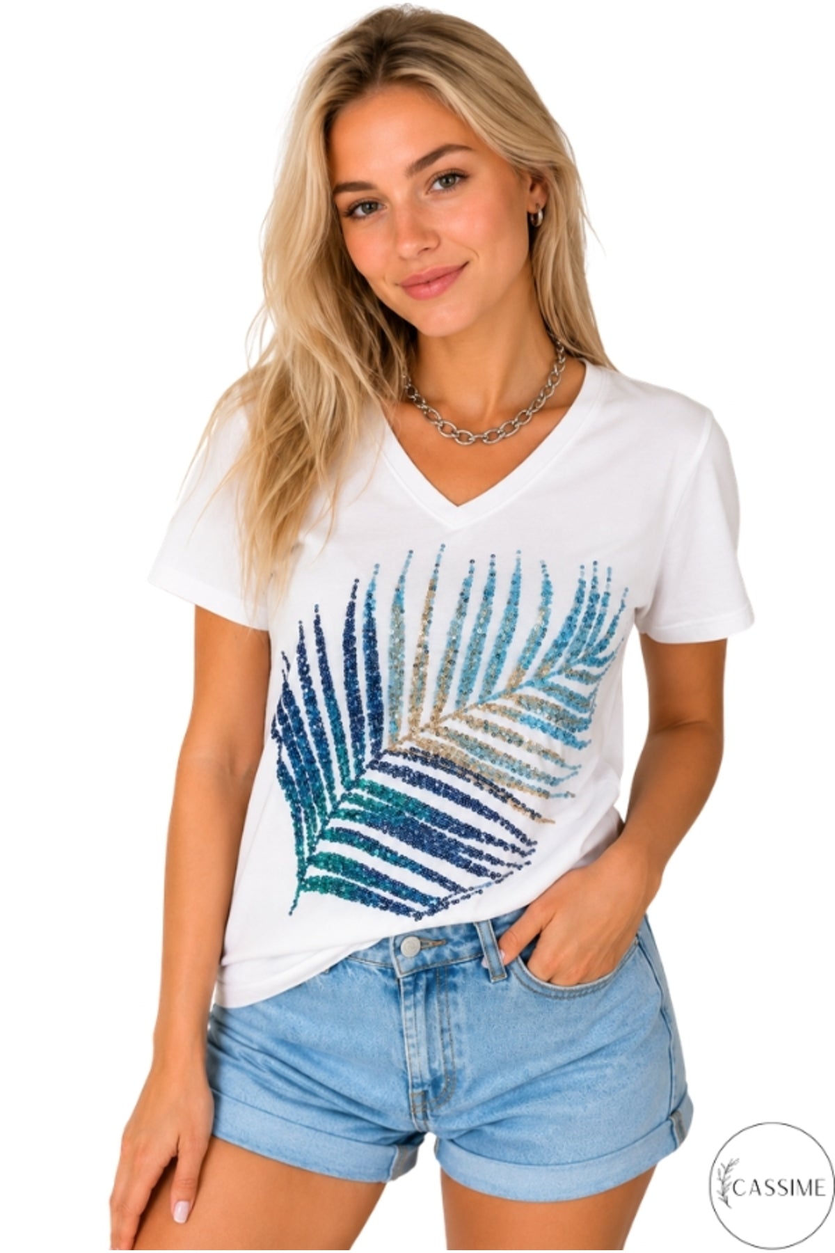 Sophie Women's Cotton Embellished V-Neck T-Shirt - White Leaf Print