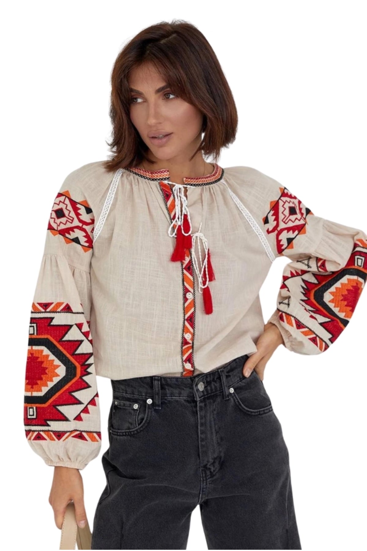 Penelope Women's Cotton Vintage Inspired Embroidered Blouse - Beige