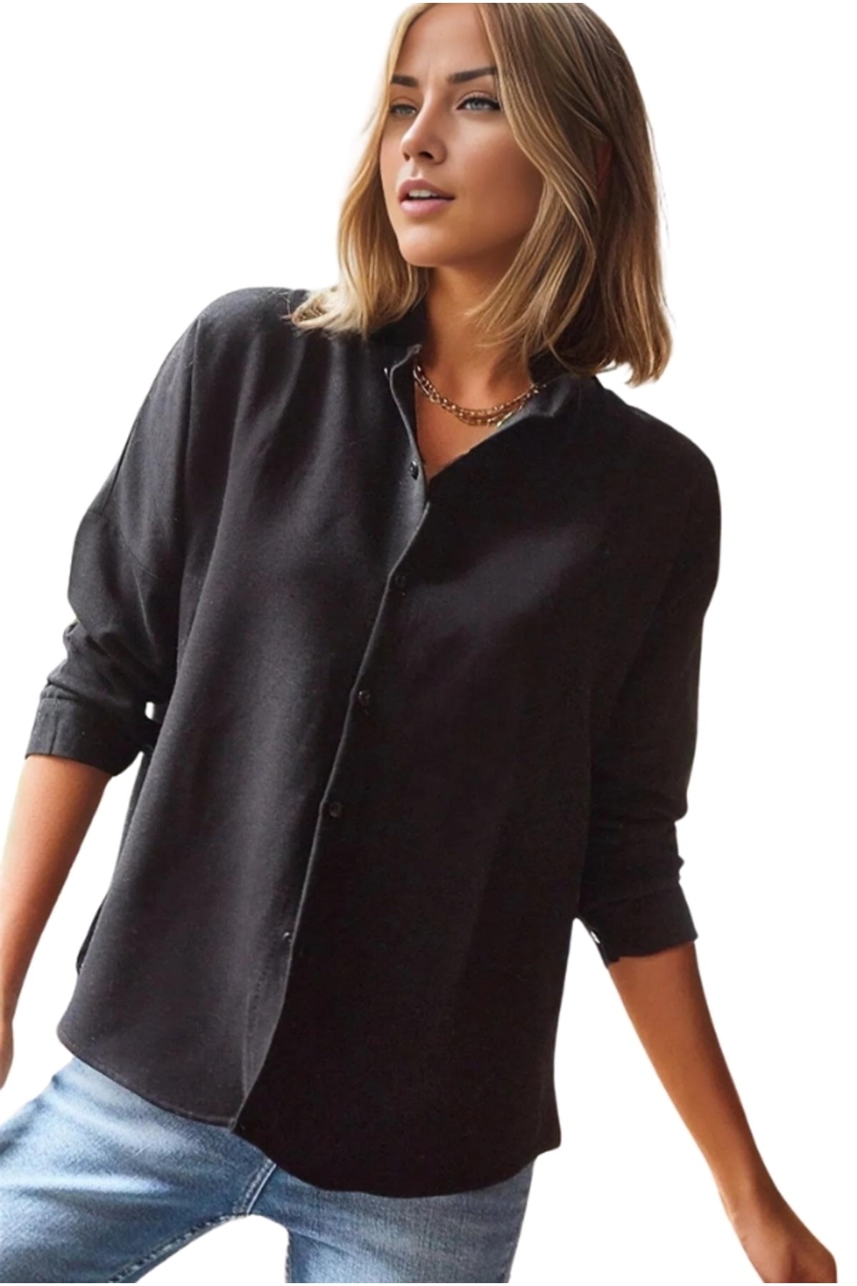 Harriet Women's Linen Blend Oversized Long Sleeve Shirt - Black