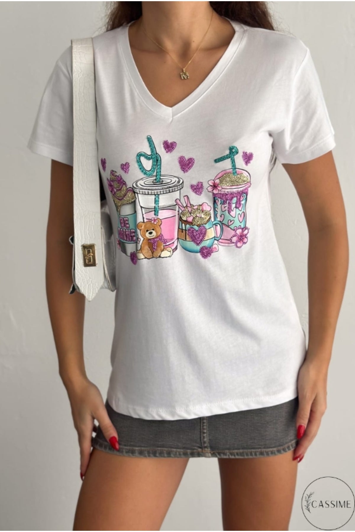 Olivia Women's Cotton Plus Size Embellished V-Neck T-Shirt - White Teddy Bear and Heart Print