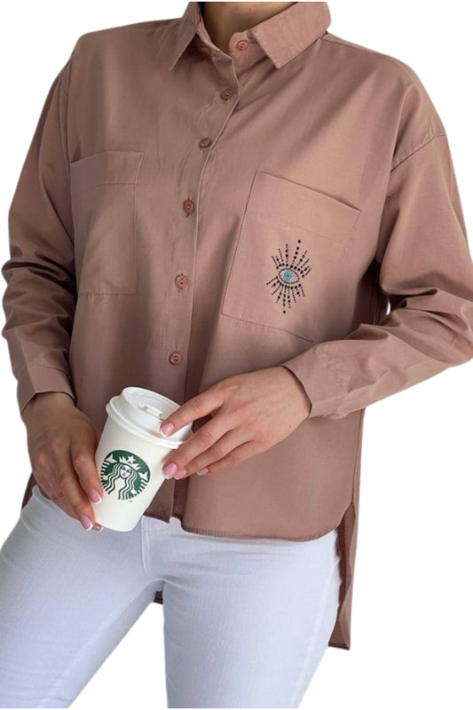 Josephine Women's Cotton Embellished Evil Eye Pocket Shirt - Beige