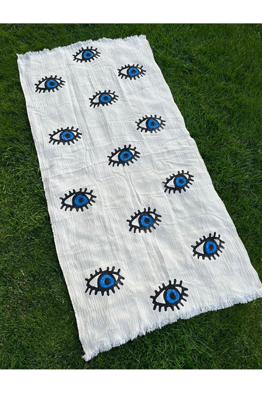 Mia Cotton Turkish Peshtemal Beach Towel - Blue Evil Eye Print