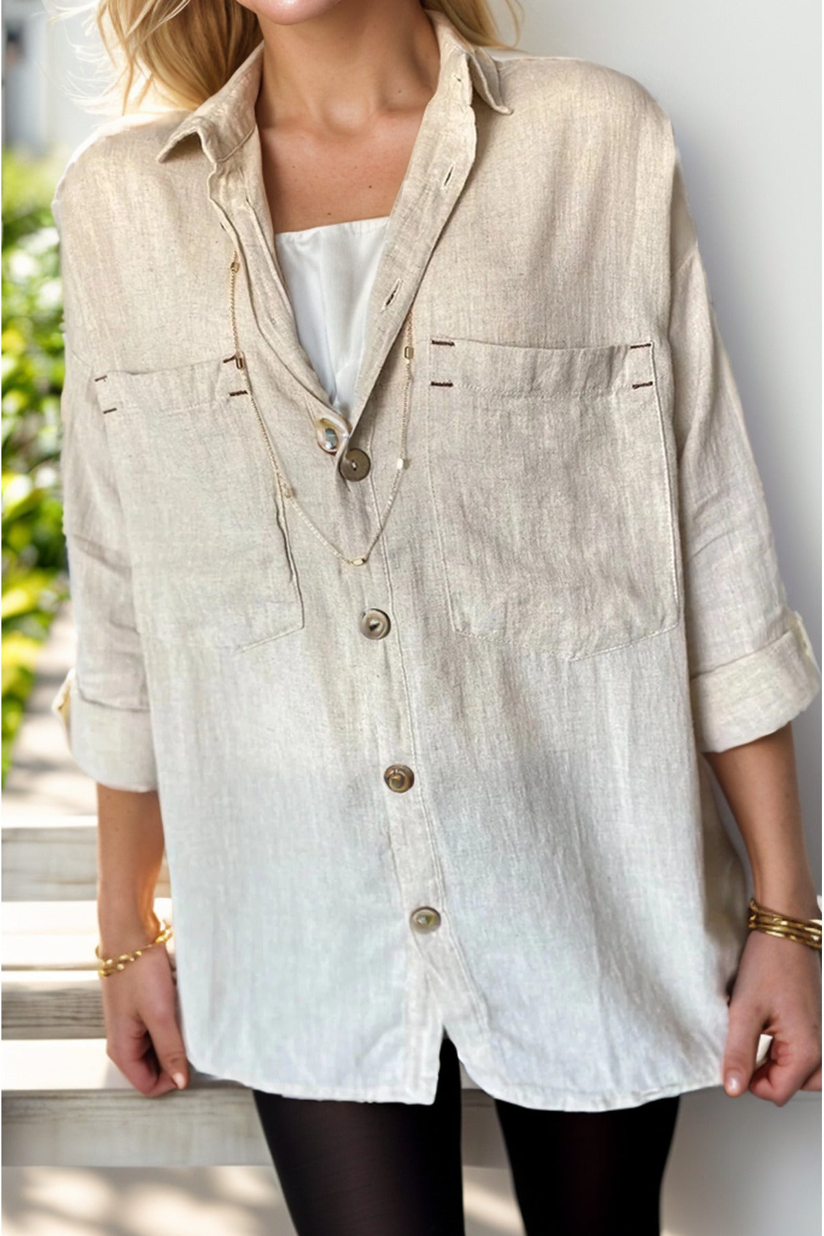 Jasmine Women's Cotton-Linen Blend Oversized Longline Button-Up Shirt - Beige