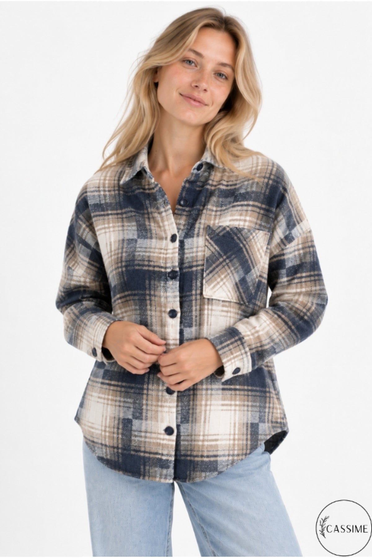 Eleanor Women's Plaid Shacket - Navy and Brown Ecru