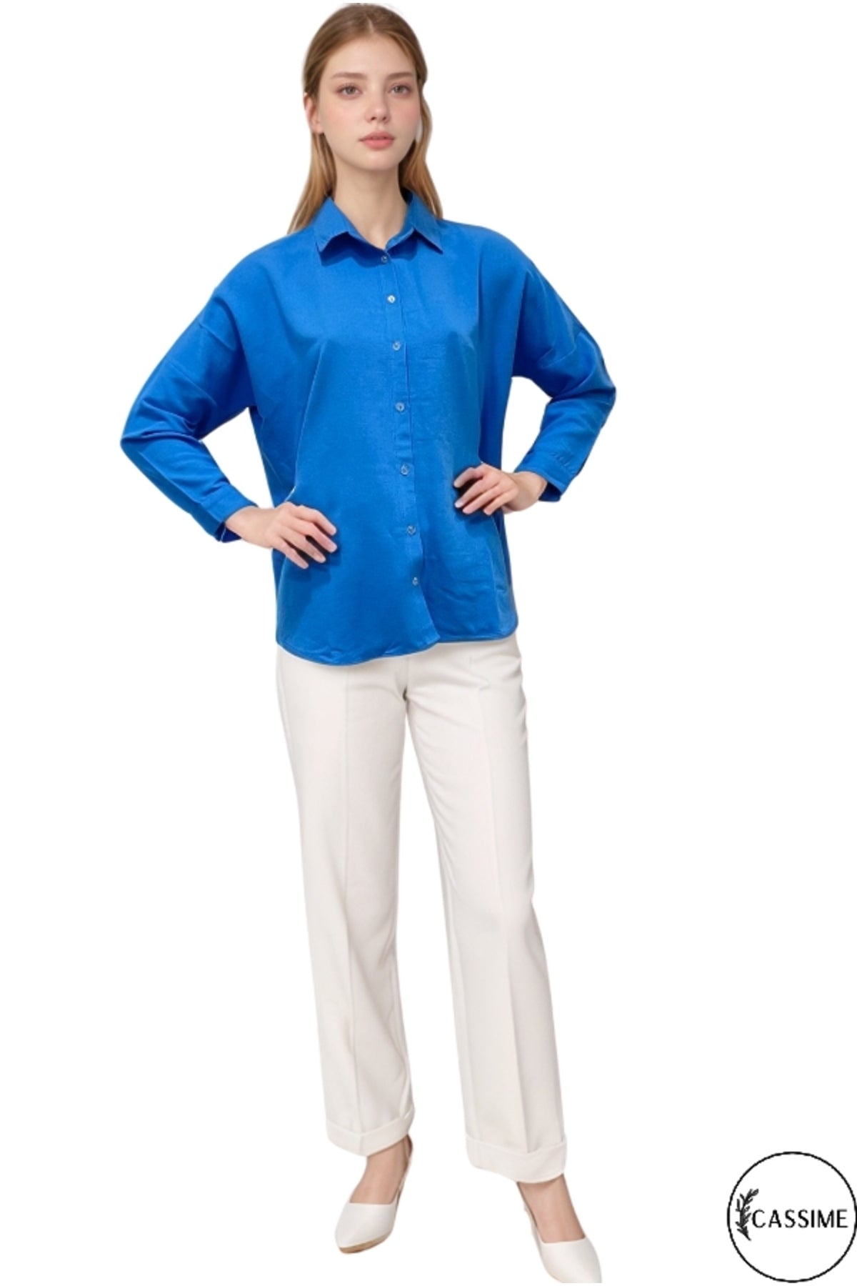 Harriet Women's Linen-Viscose Blend Oversized Long Sleeve Shirt - Blue