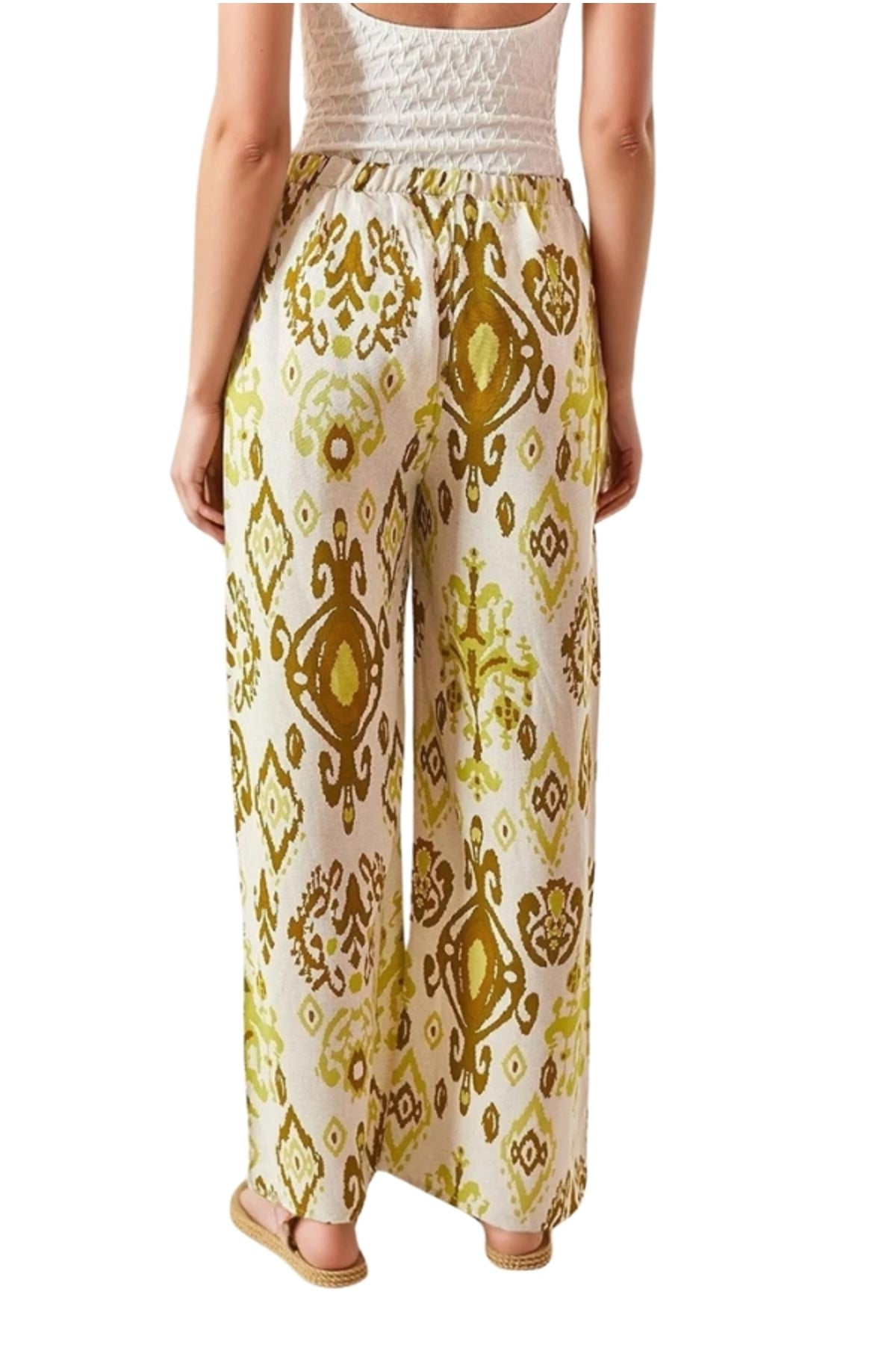 Lucy Women's Linen-Viscose Blend Wide Leg Palazzo Pants - Yellow Boho Print