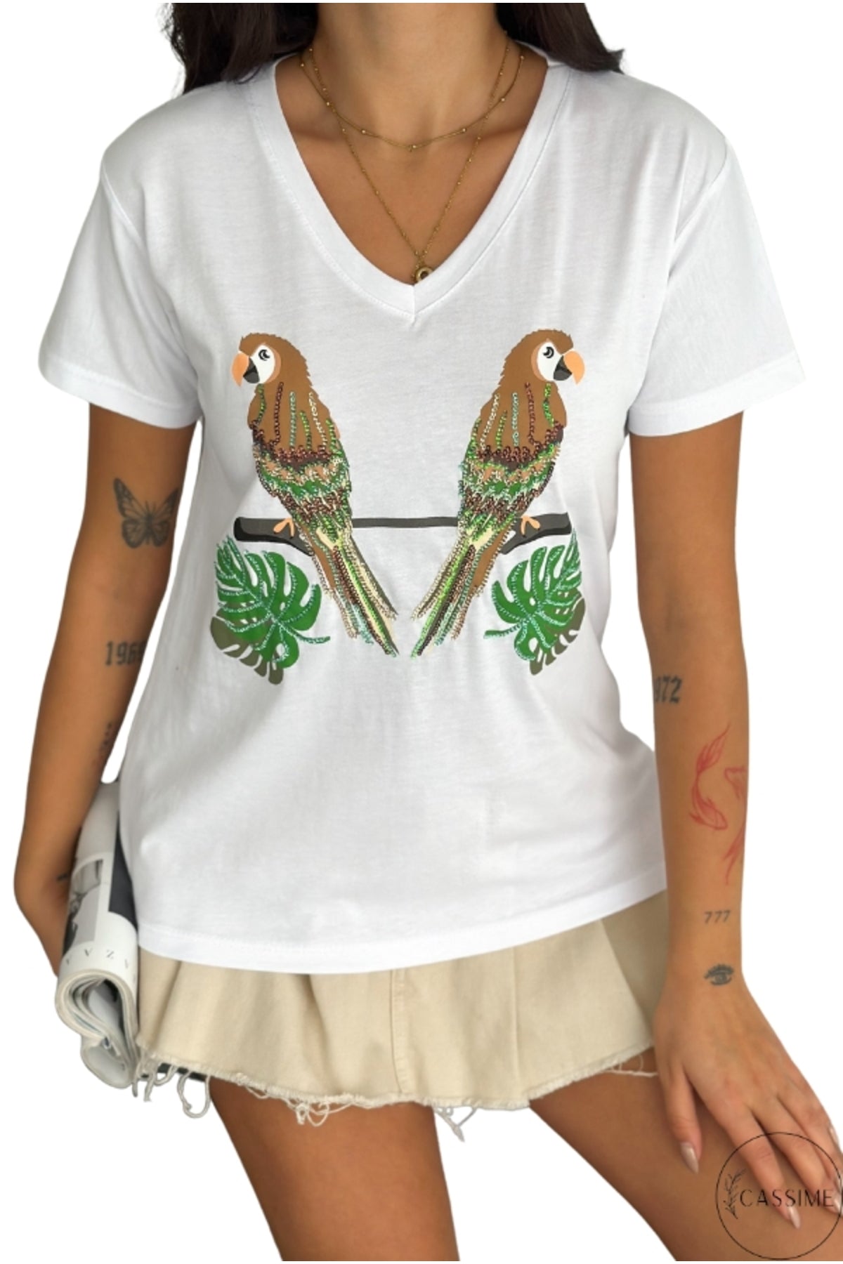 Olivia Women's Cotton Plus Size Embellished V-Neck T-Shirt - White with Parrot and Leaf Sequins