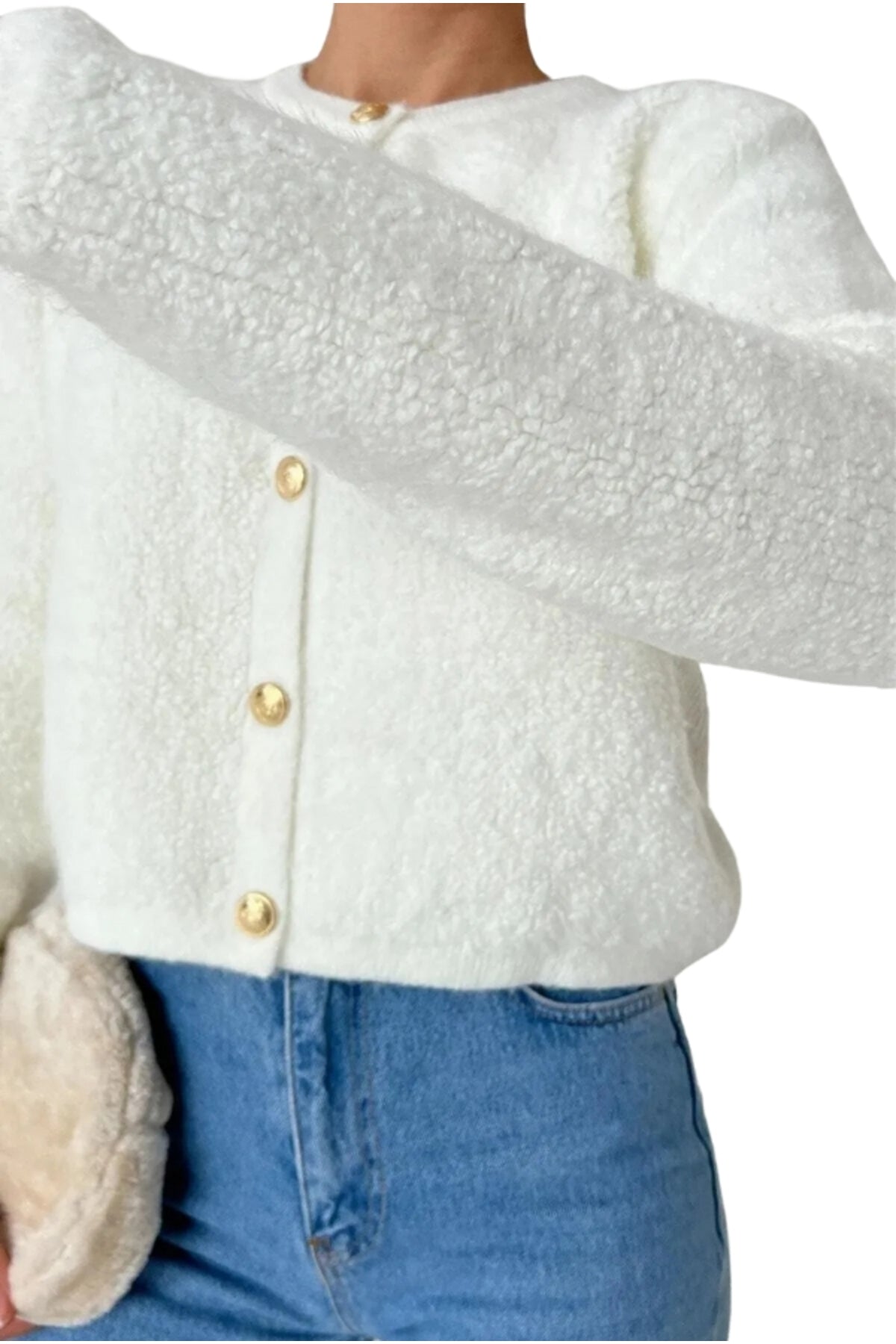 Kayla Women's Gold-Tone Button Teddy Cardigan - Ecru
