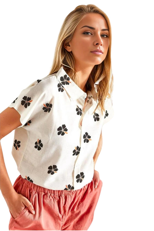 Elizabeth Women's Linen-Viscose Blend Short Sleeve Batwing Shirt - Black Floral