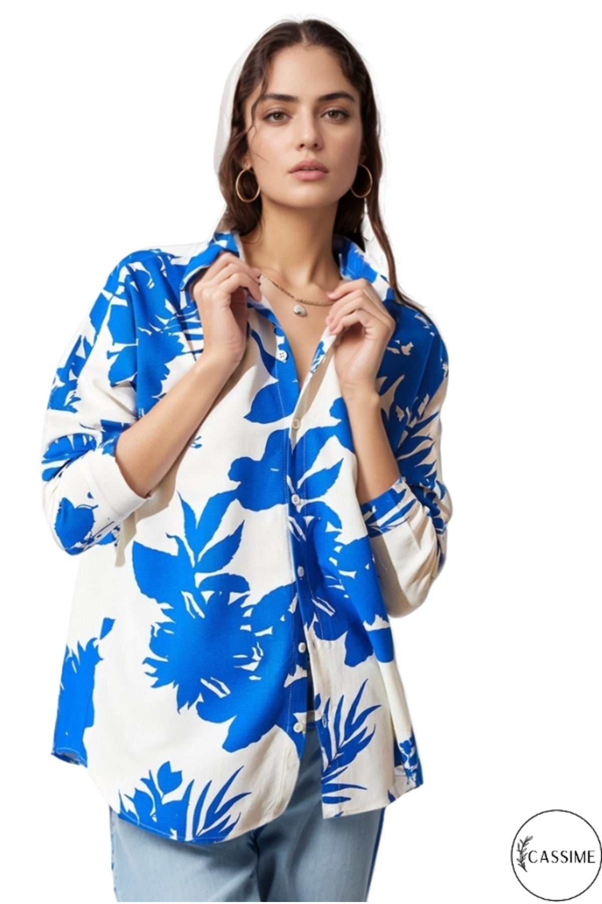 Emilia Women's Linen-Viscose Blend Oversized Printed Shirt - Blue Leaf Floral
