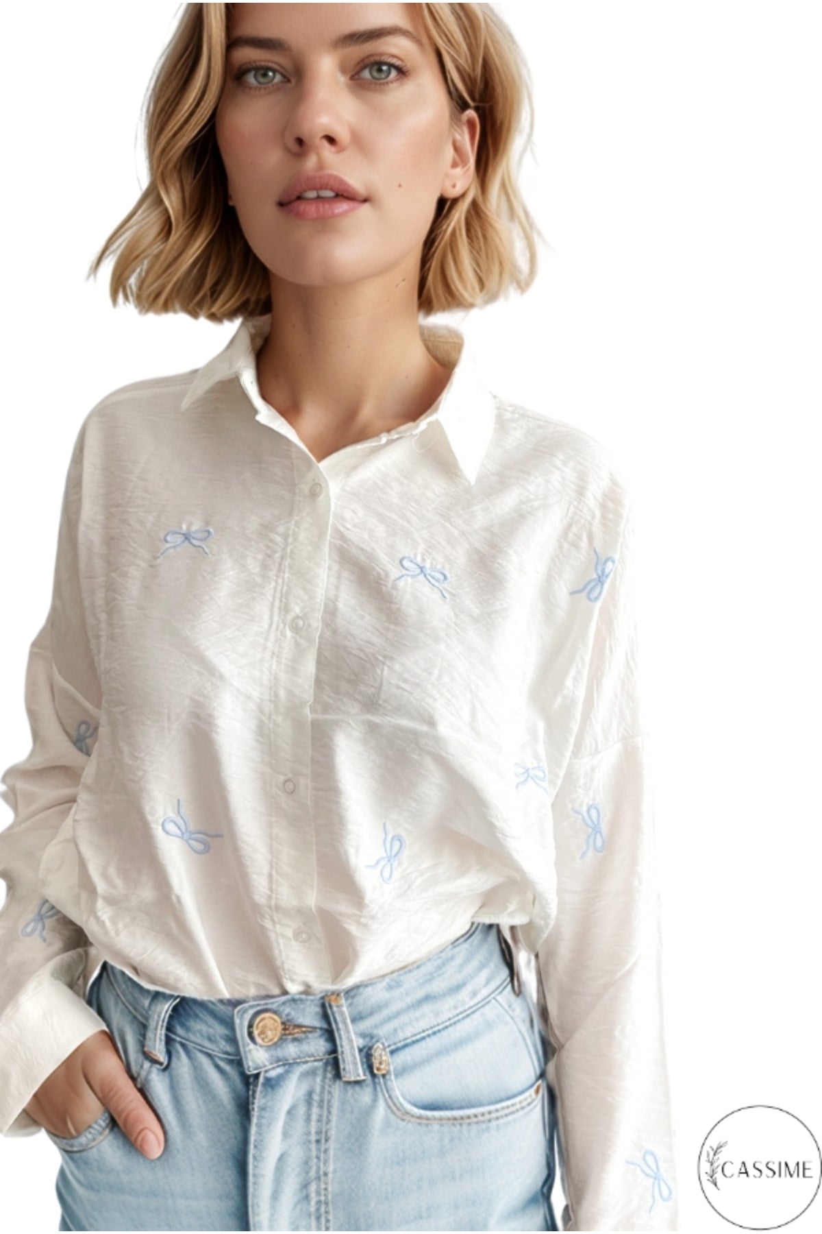 Delilah Women's Cotton Oversized Embellished Long Sleeve Shirt - White with Blue Ribbon Detail