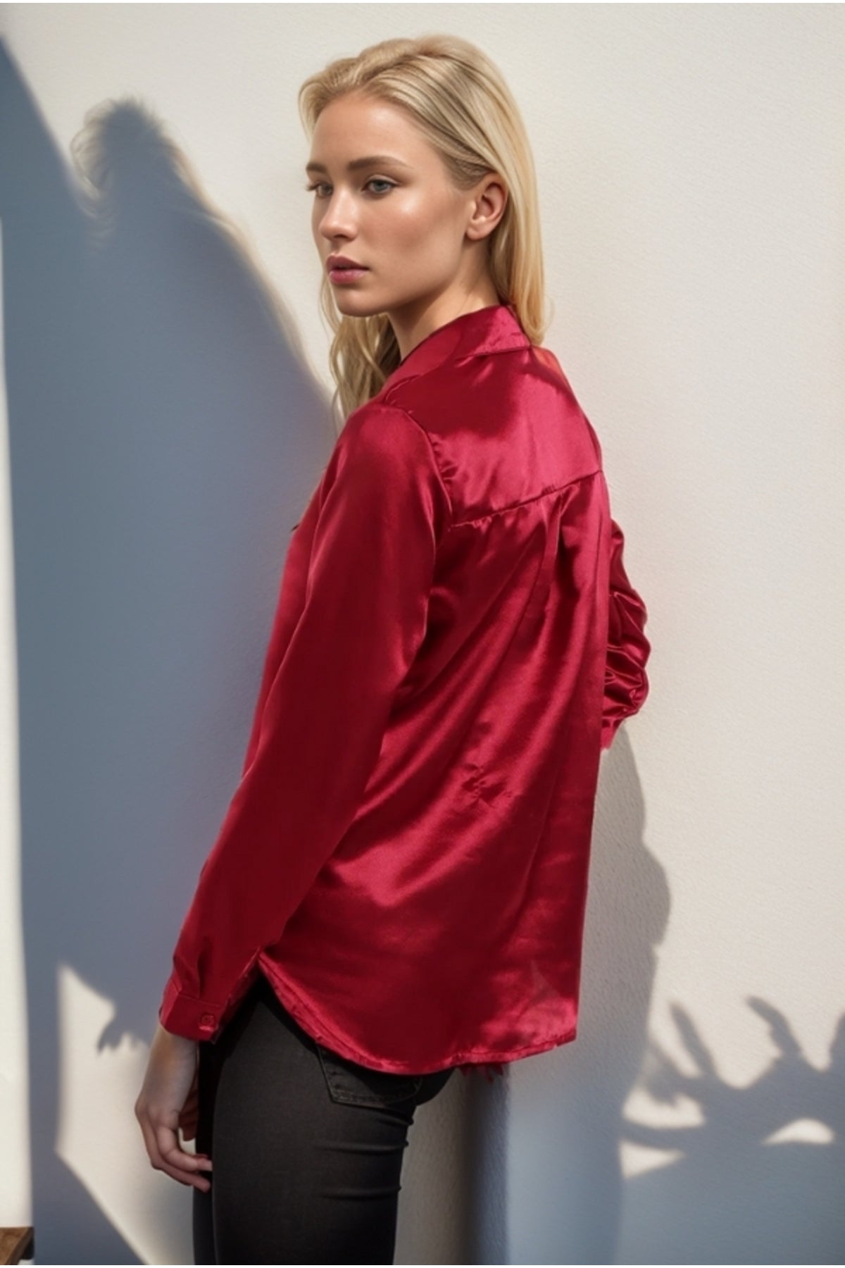 Rebecca Women's Classic Satin Button-Up Shirt - Burgundy