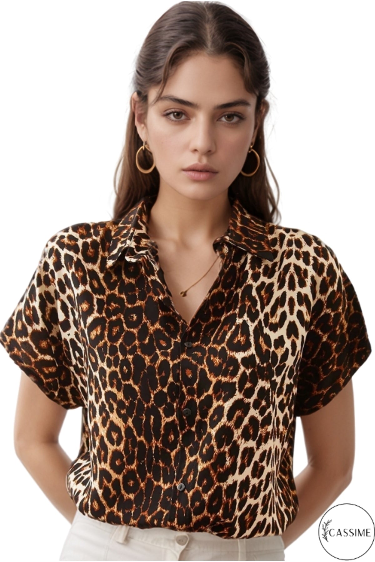 Charlotte Women's Short Sleeve Batwing Shirt - Black Leopard Print