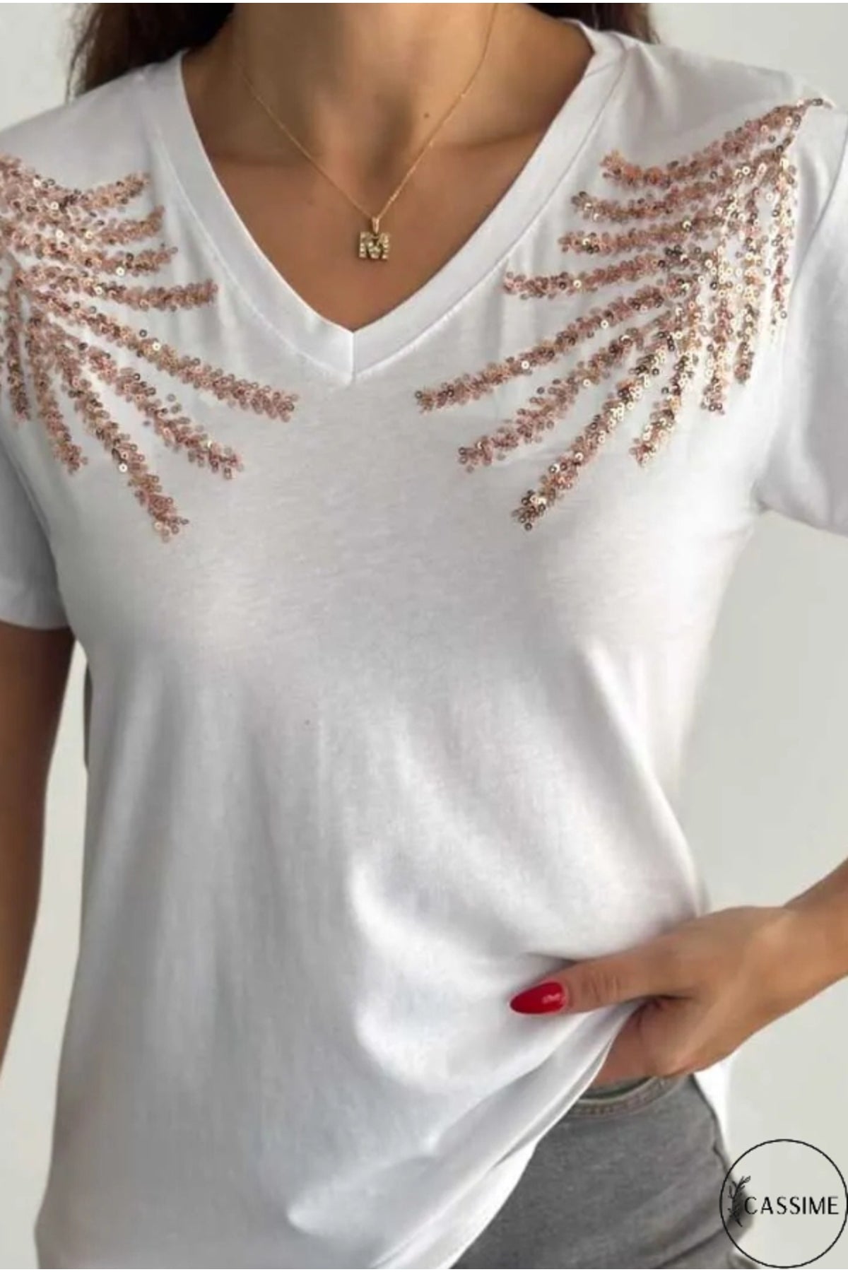 Olivia Women's Cotton Plus Size Embellished V-Neck T-Shirt - White with Palm Tree Embroidery