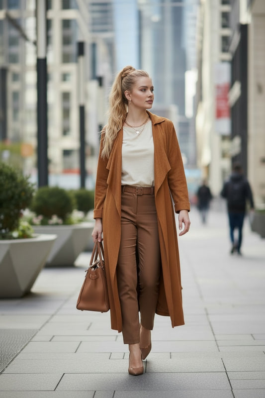 Aisha Women's Belted Denim Suede-Effect Trench Coat - Cognac Brown - product image 1