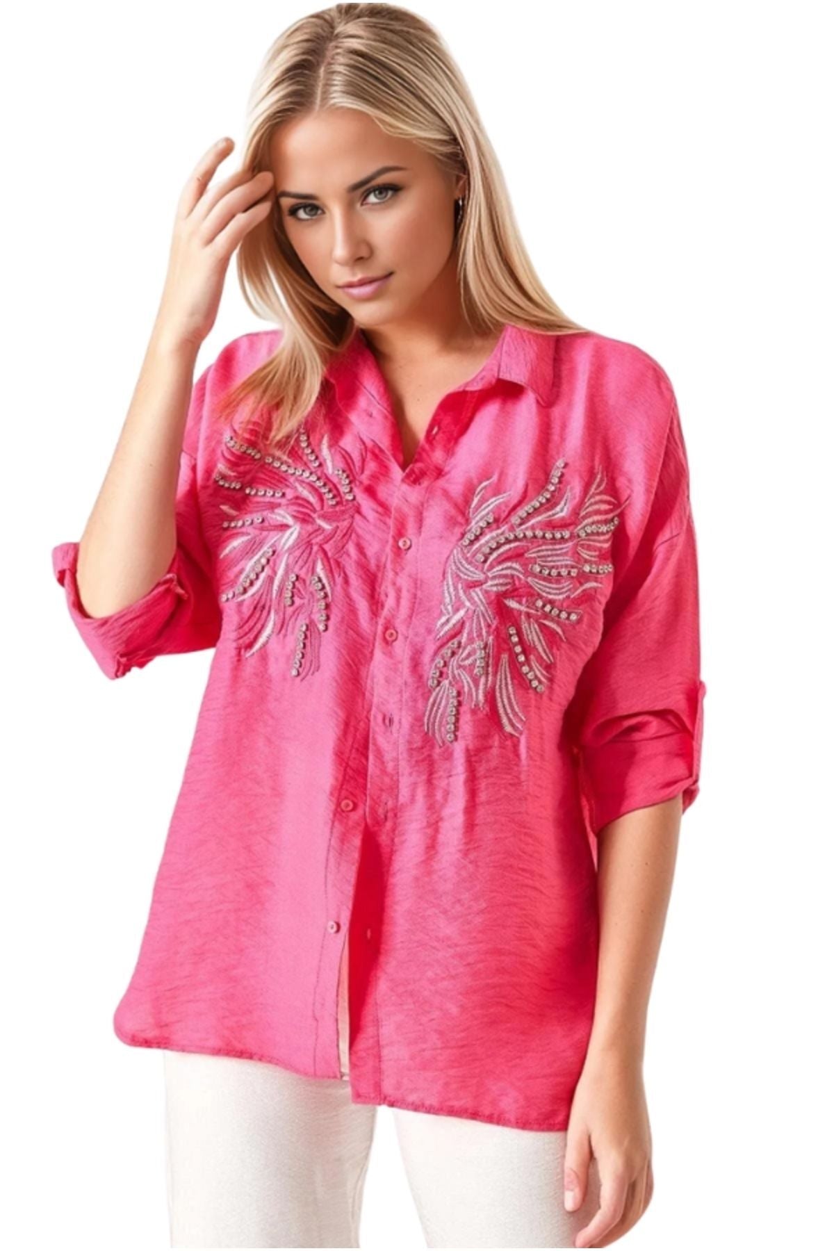 Natasha Women's Embroidered Oversized Shirt - Fuchsia