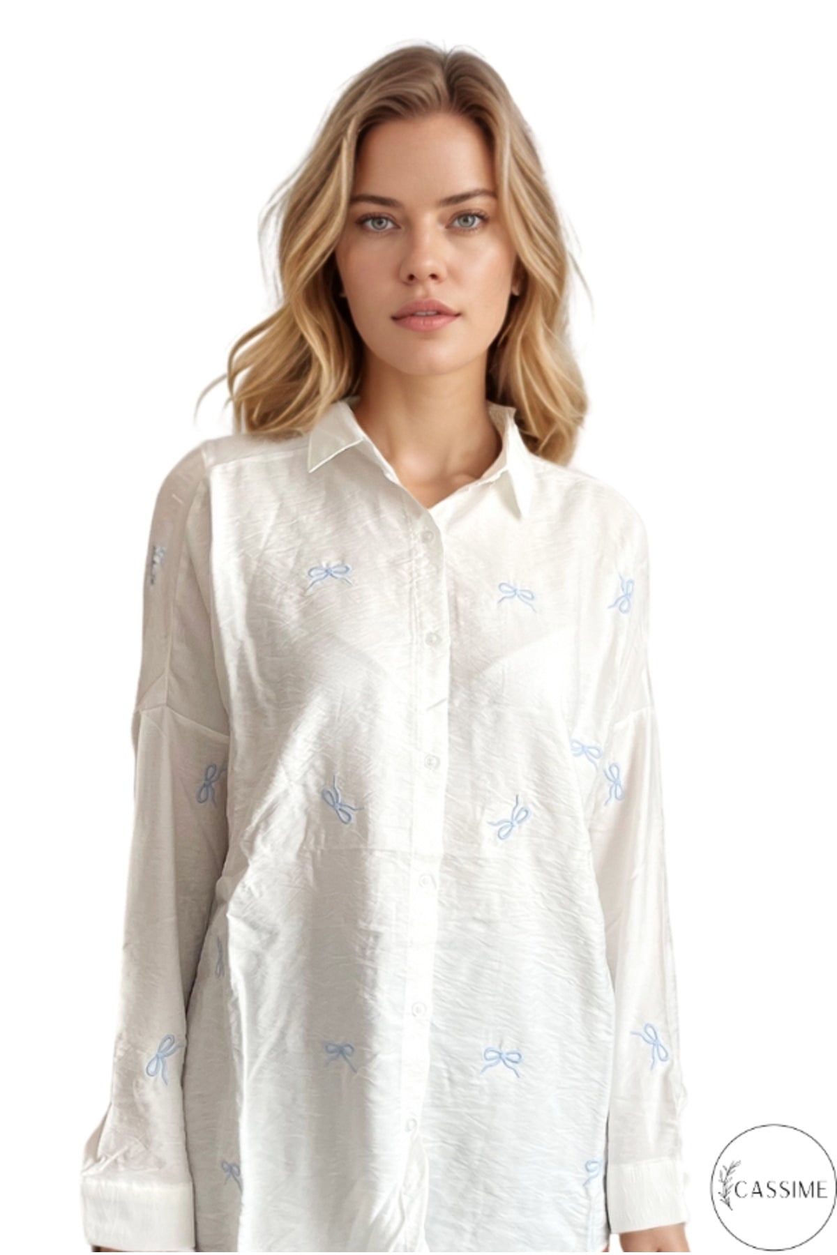 Delilah Women's Cotton Oversized Embellished Long Sleeve Shirt - White with Blue Ribbon Detail