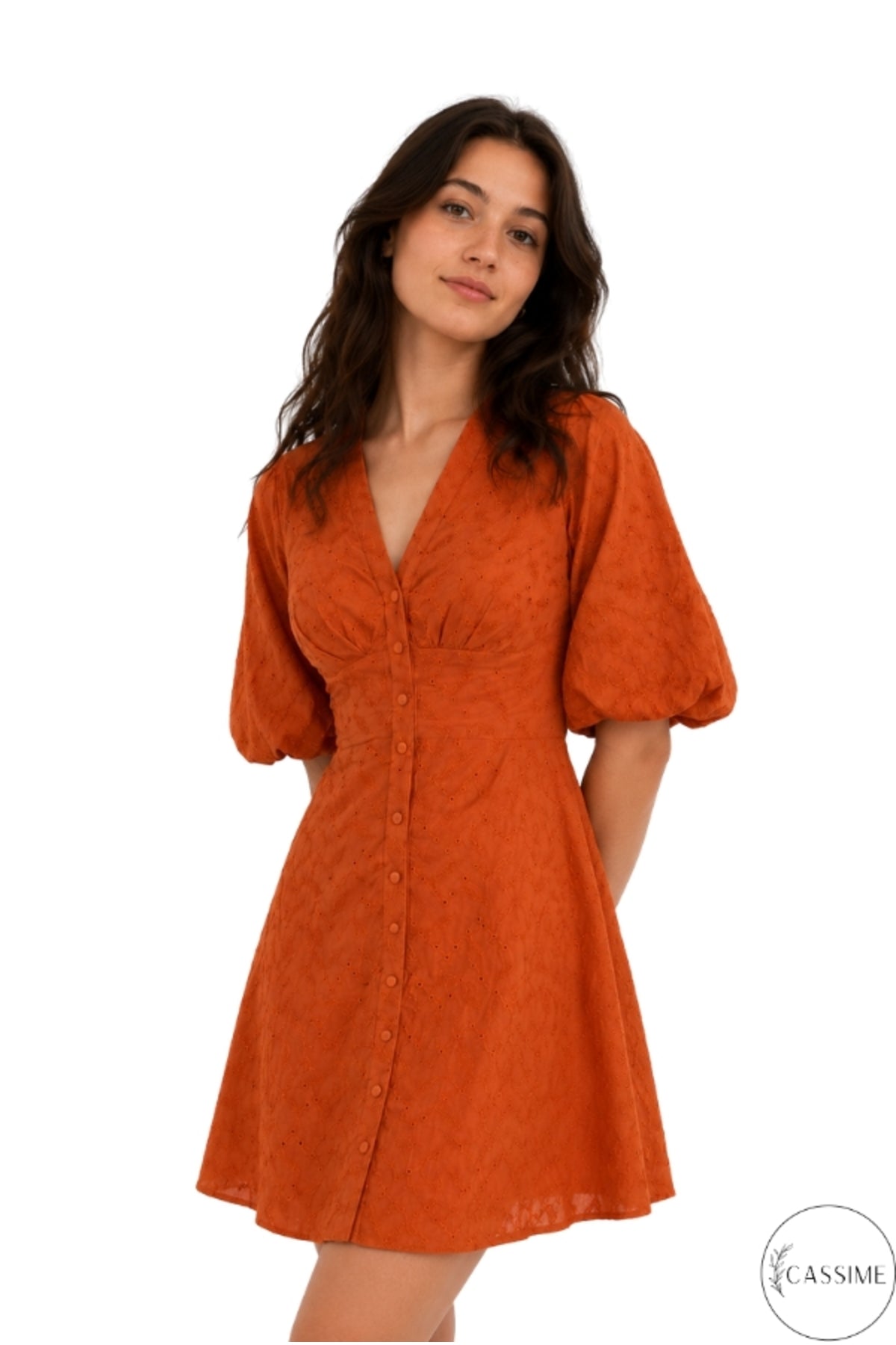Clara Women's Cotton Blend Broderie Anglaise V-Neck Mini Dress - Terracotta